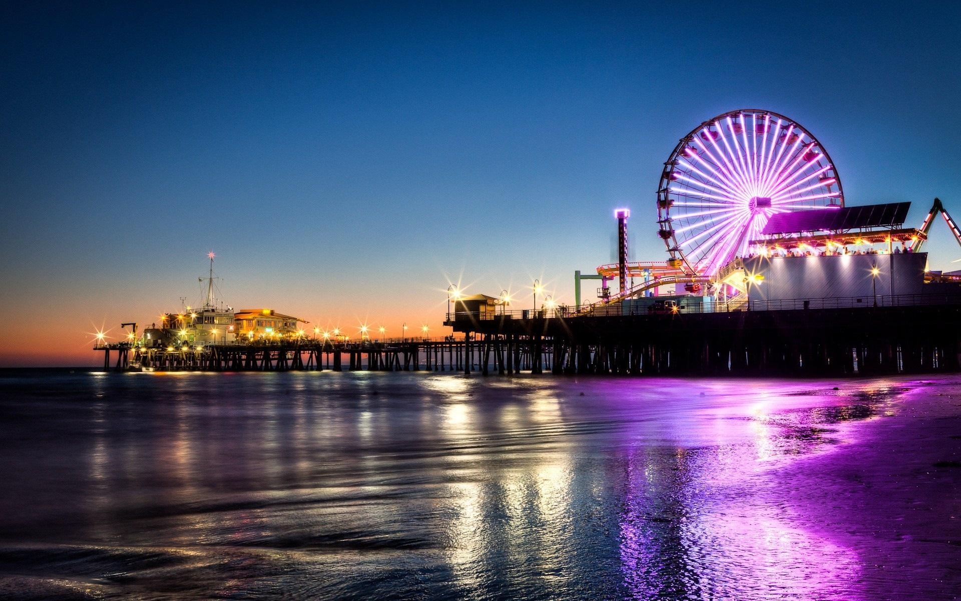 1920x1200 Wallpaper Santa Monica, pier, ferris wheel, night, lights, sea, Desktop