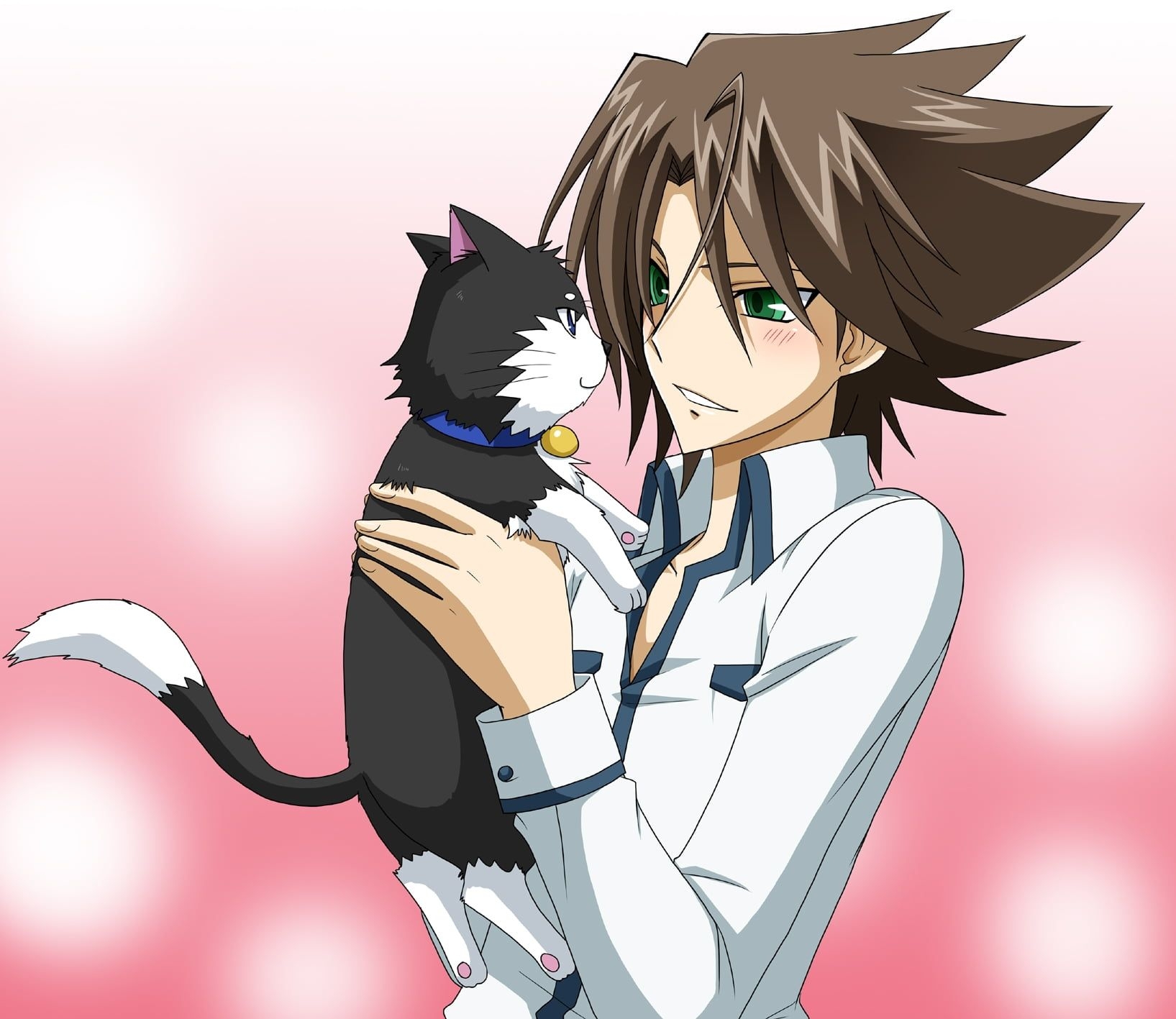 1640x1420 Brown hair boy holding black and white cat anime character HD, Desktop