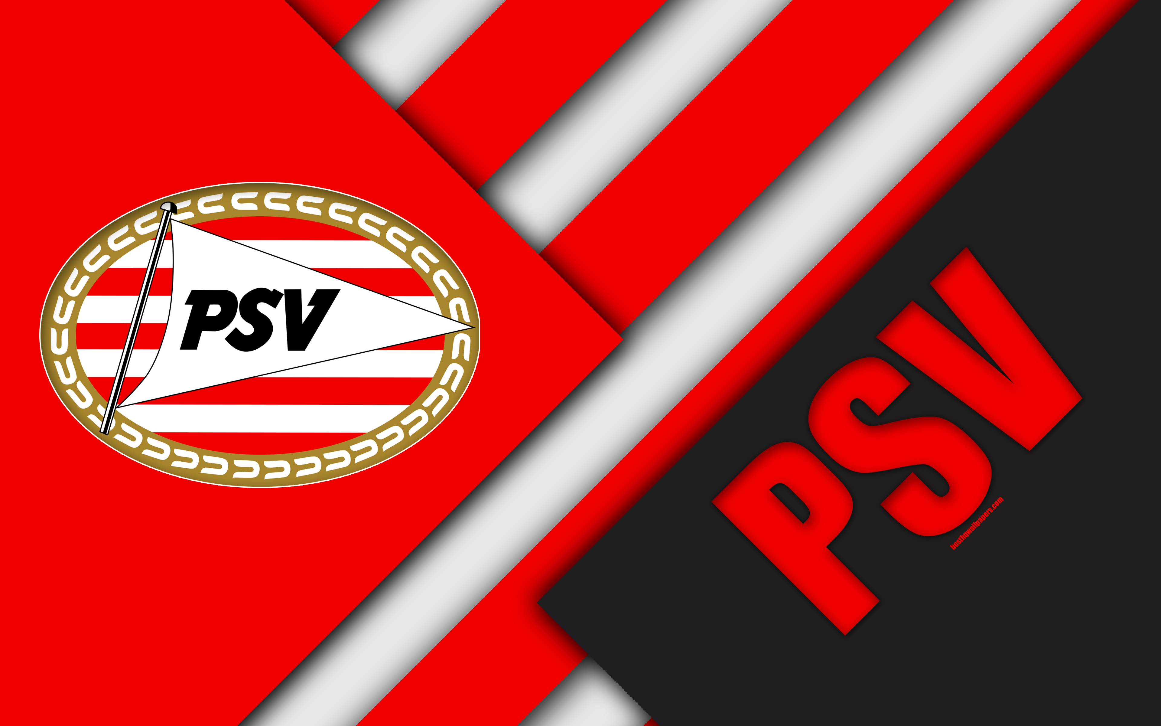 3840x2400 Download wallpaper PSV Eindhoven, emblem, 4k, material design, PSV FC, Dutch football club, white red abstraction, Eredivisie, Eindhoven, Netherlands, football for desktop with resolution. High Quality HD picture wallpaper, Desktop