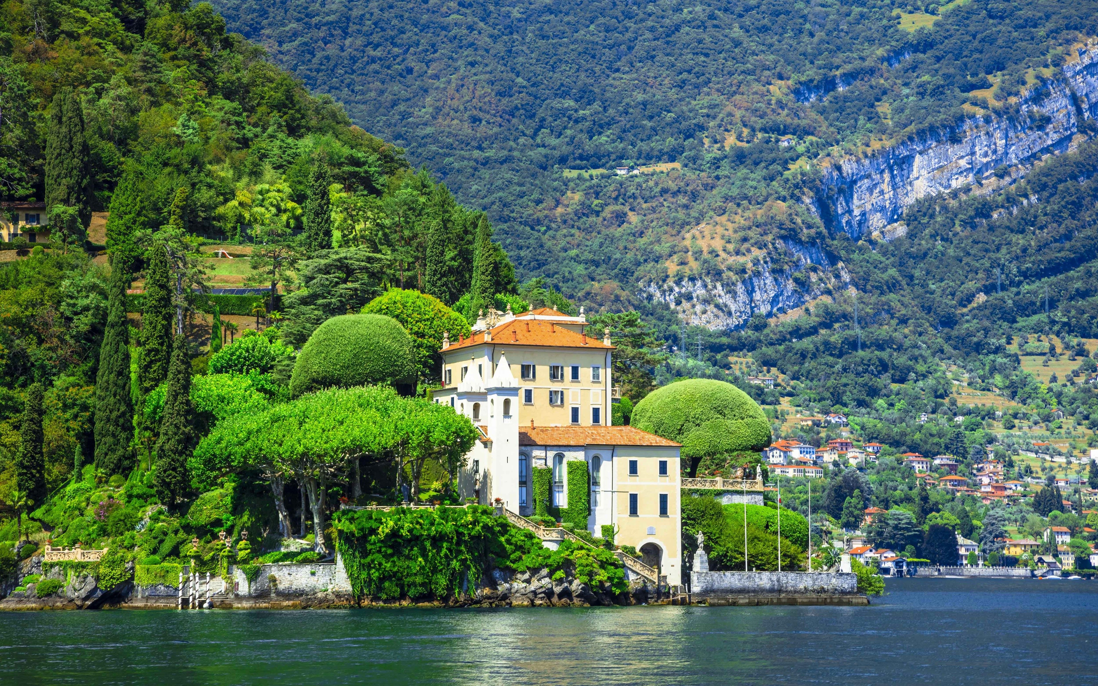 3840x2400 4K, Villa del Balbianello, Feudal, lake Como, Lake, Villa, Italy, Mountains Gallery HD Wallpaper, Desktop