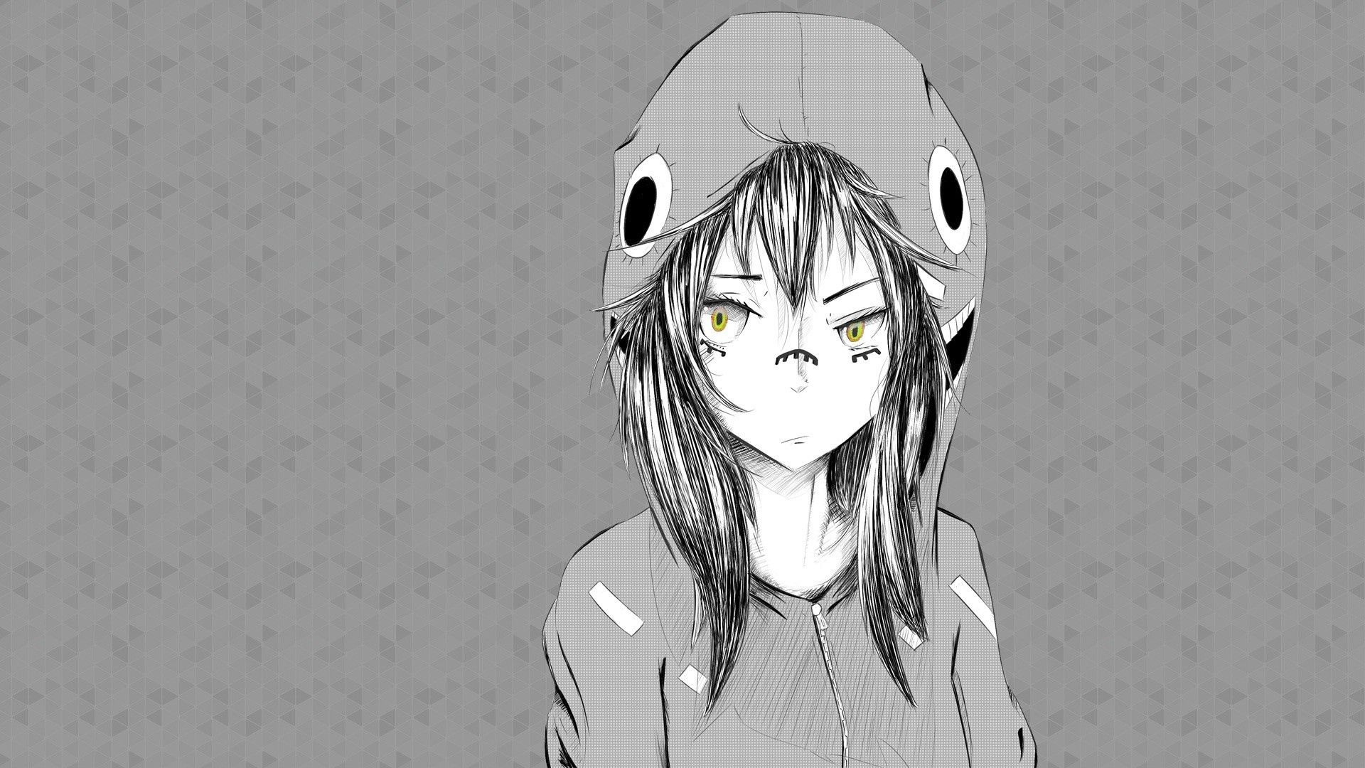 1920x1080 Download wallpaper  anime, girl, graphic, hat, black white HD background, Desktop