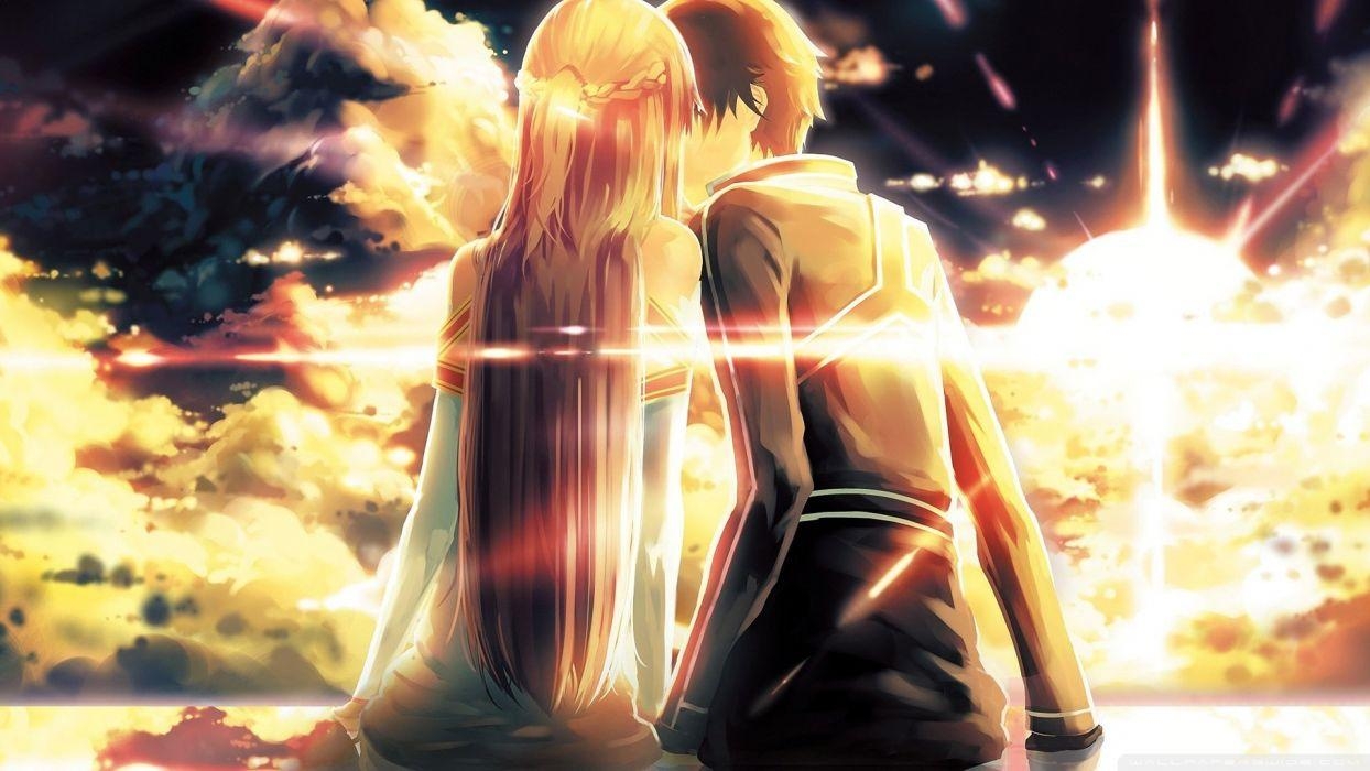 1250x700 Anime girl beautiful long hair clouds couple guy kiss love, Desktop