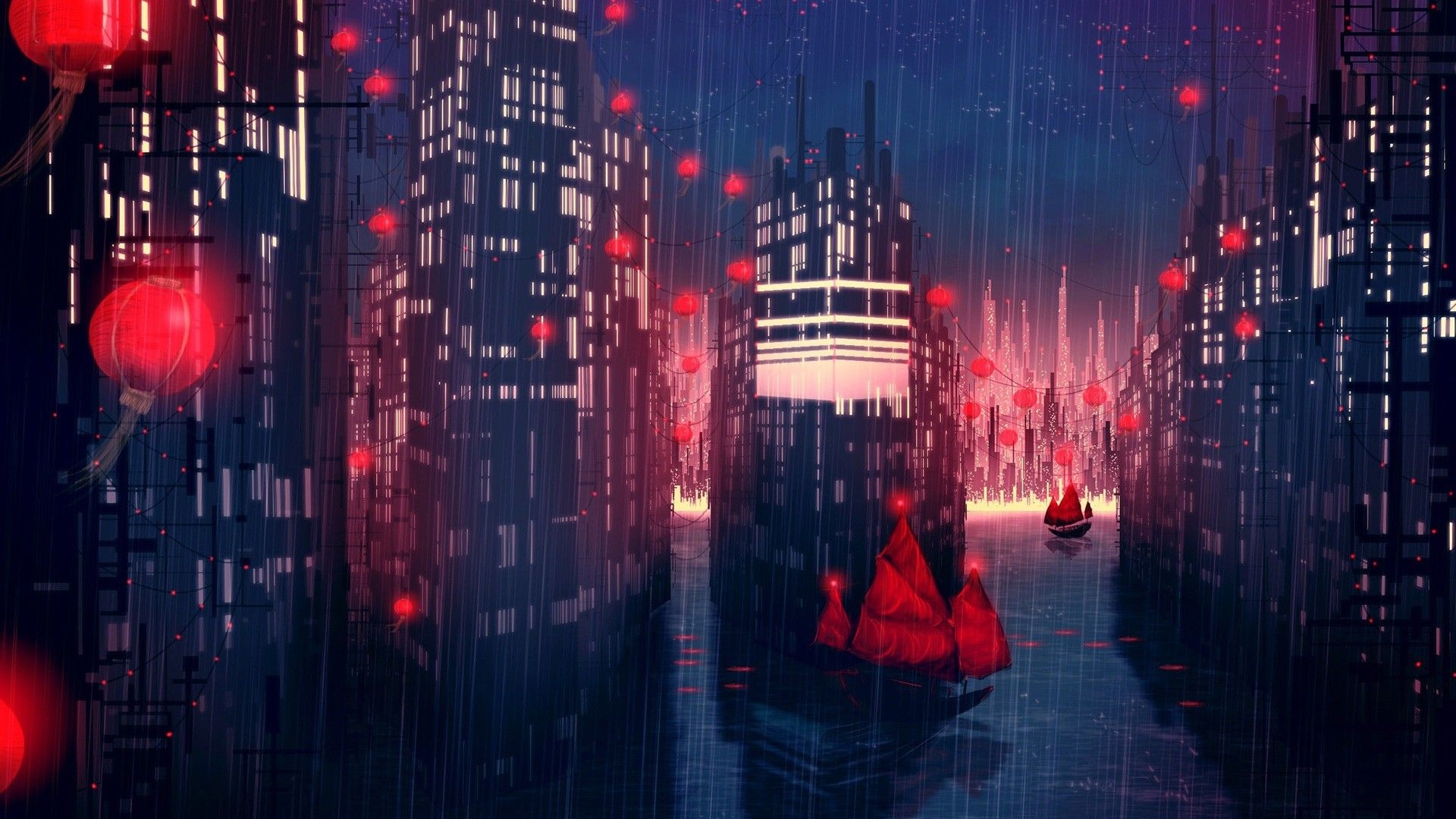 1920x1080 rain, City, Artwork, Fantasy Art, Concept Art, Boat, Red Wallpaper HD / Desktop and Mobile Background, Desktop