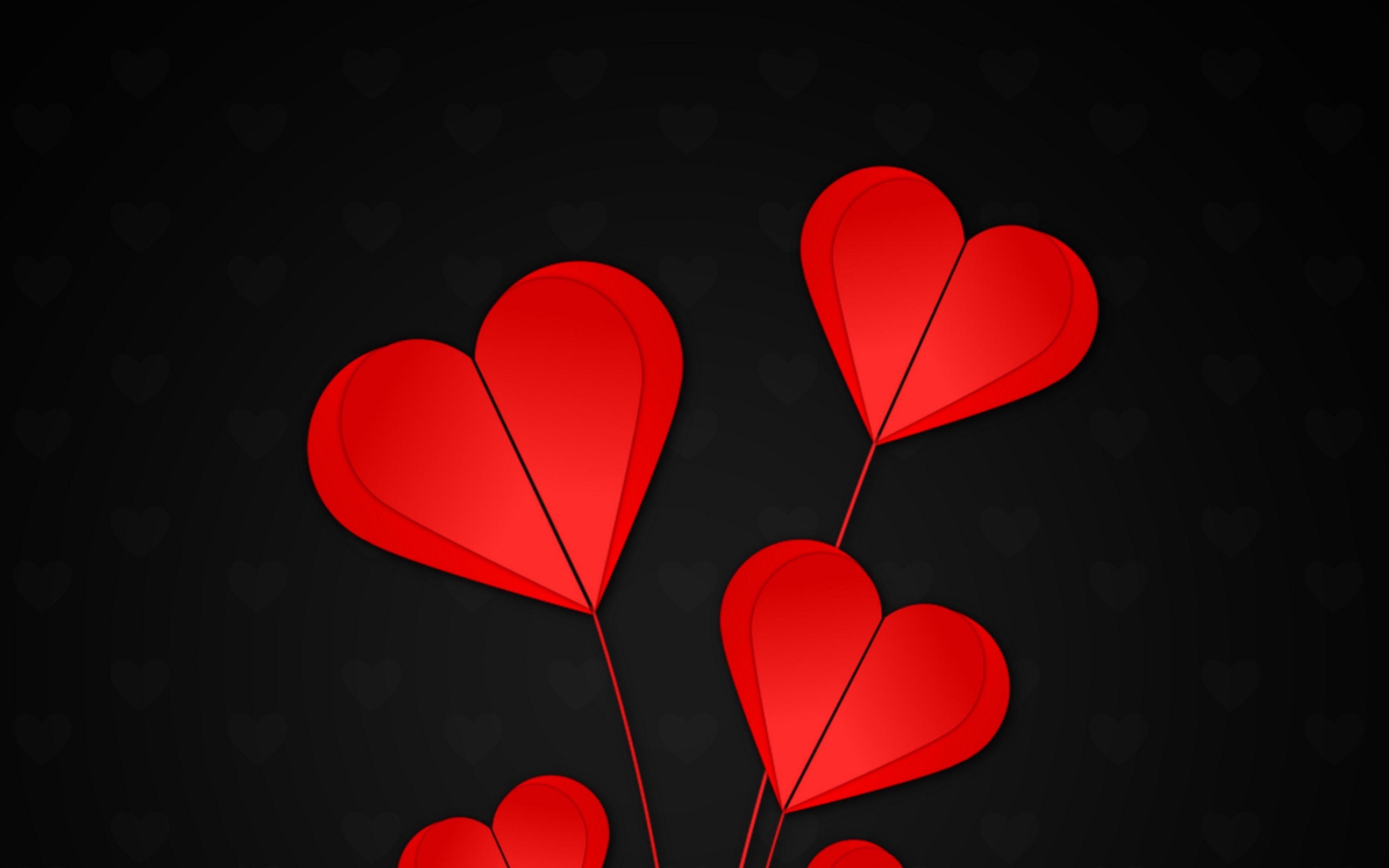 3840x2400 Download wallpaper  hearts, red, black background 4k ultra, Desktop