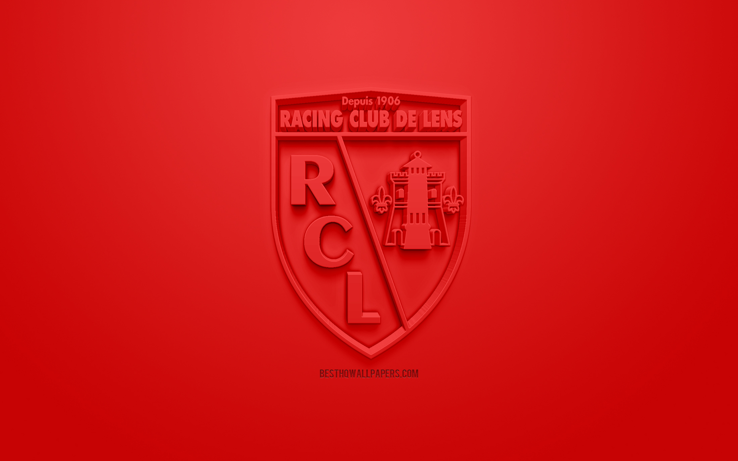 2560x1600 Download wallpaper RC Lens, creative 3D logo, red background, 3D emblem, French football club, Ligue Lens, France, 3D art, football, stylish 3D logo for desktop with resolution. High Quality HD, Desktop