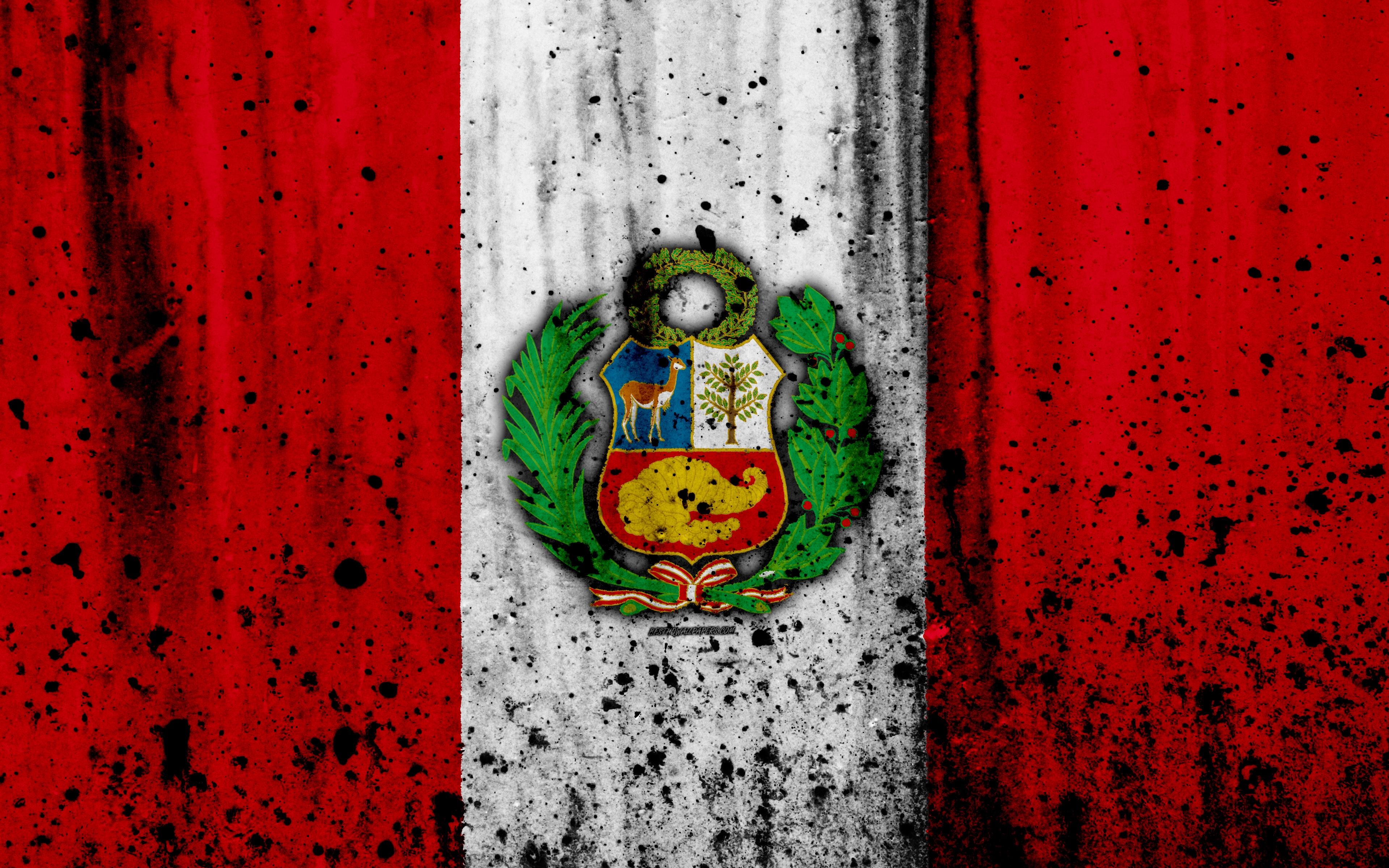 3840x2400 Download wallpaper Peruvian flag, 4k, grunge, flag of Peru, South, Desktop