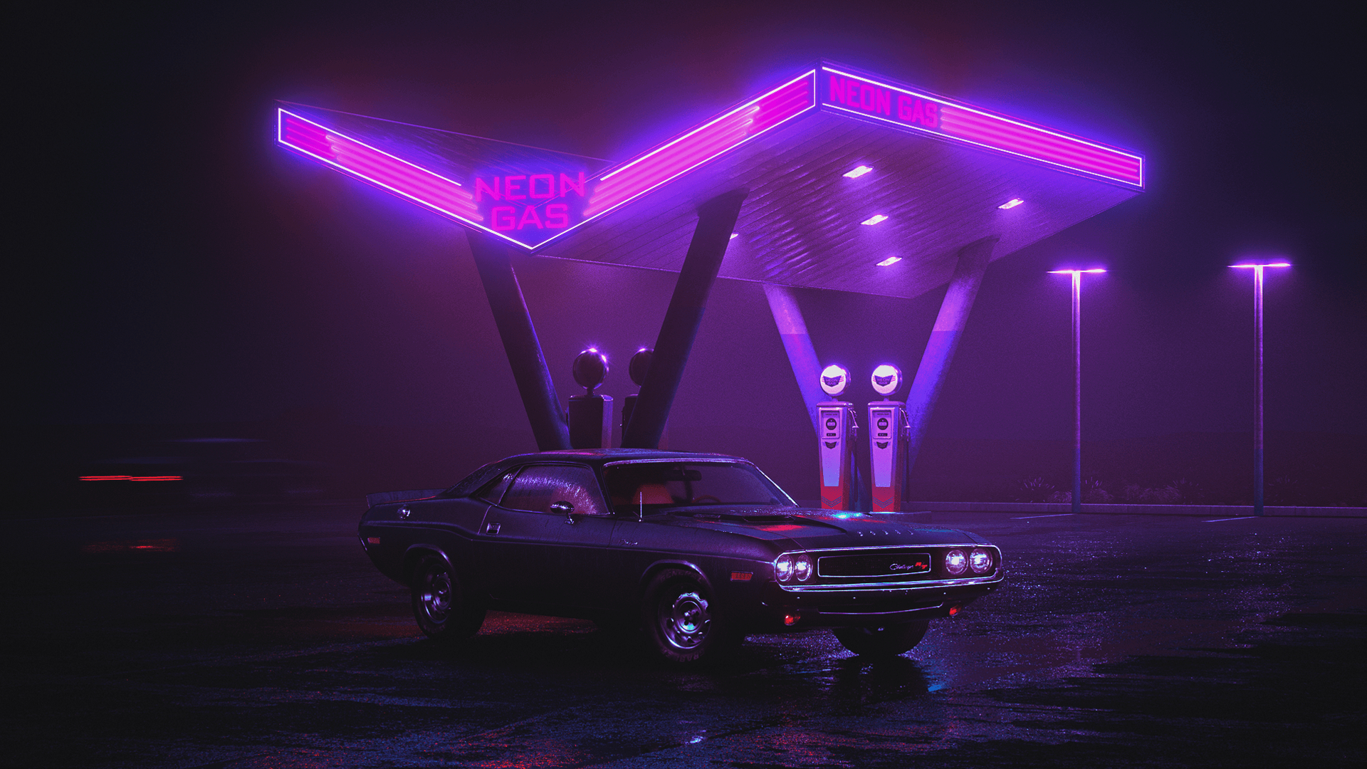 1920x1080 General  car purple Retrowave landscape neon violet night neon glow wet street. Neon wallpaper, Neon gas, Retro waves, Desktop