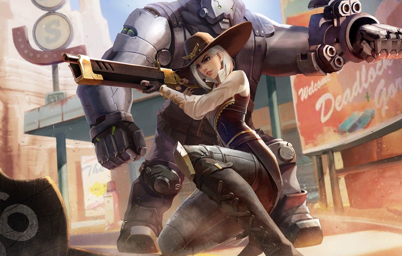 1340x850 Wallpaper girl, weapons, the game, robot, Ashe, Overwatch, B.O.B. image for desktop, section игры, Desktop