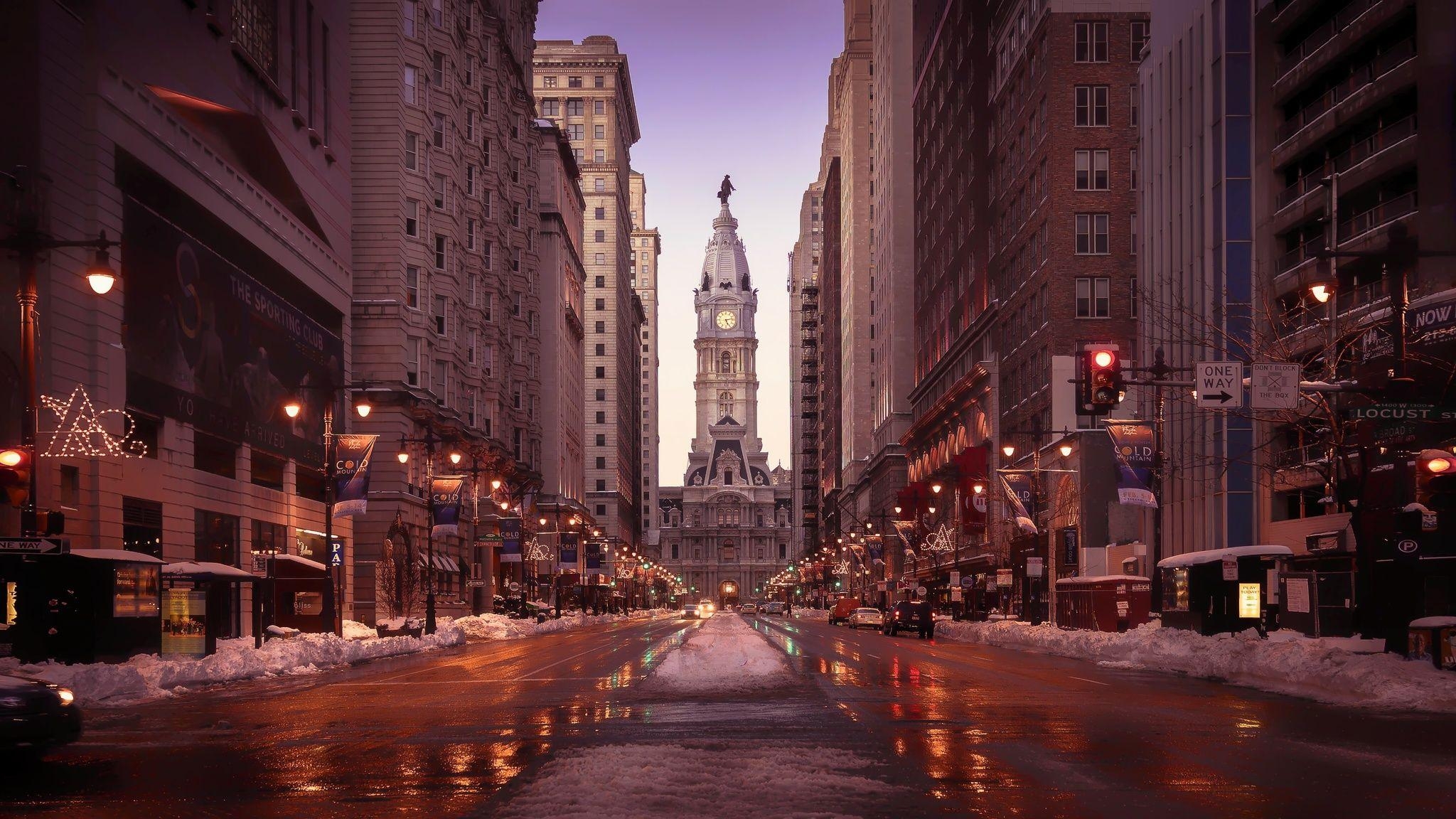 2050x1160 Philadelphia Streets Tall Buildings Road Snow, Desktop