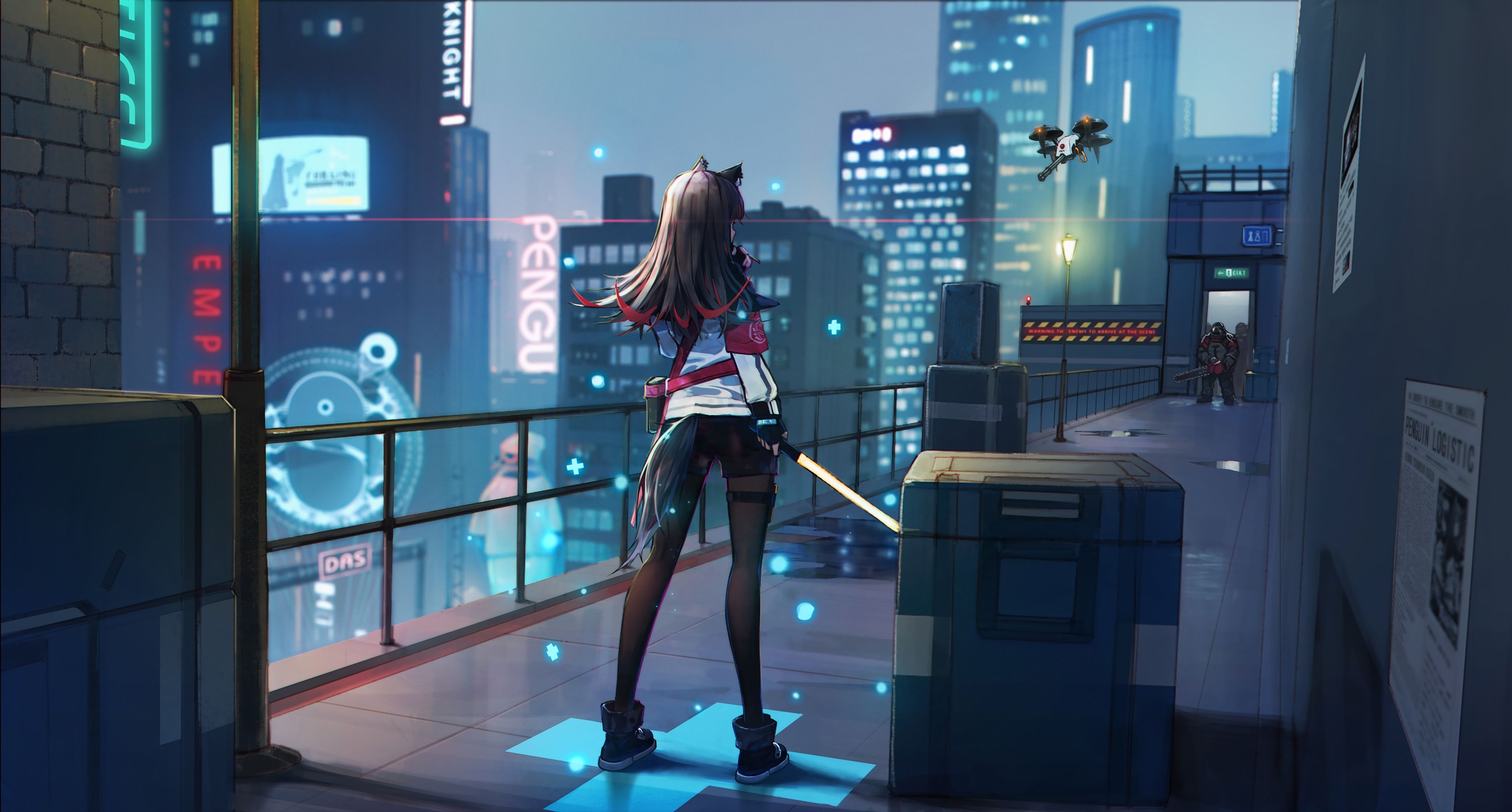 3840x2070 Wallpaper 4k Anime Girl Scifi City Roof With Weapon, Desktop