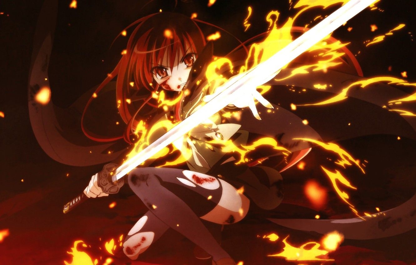 1340x850 Wallpaper girl, fire, sword, anime, art, shakugan no shana, Shana, Desktop