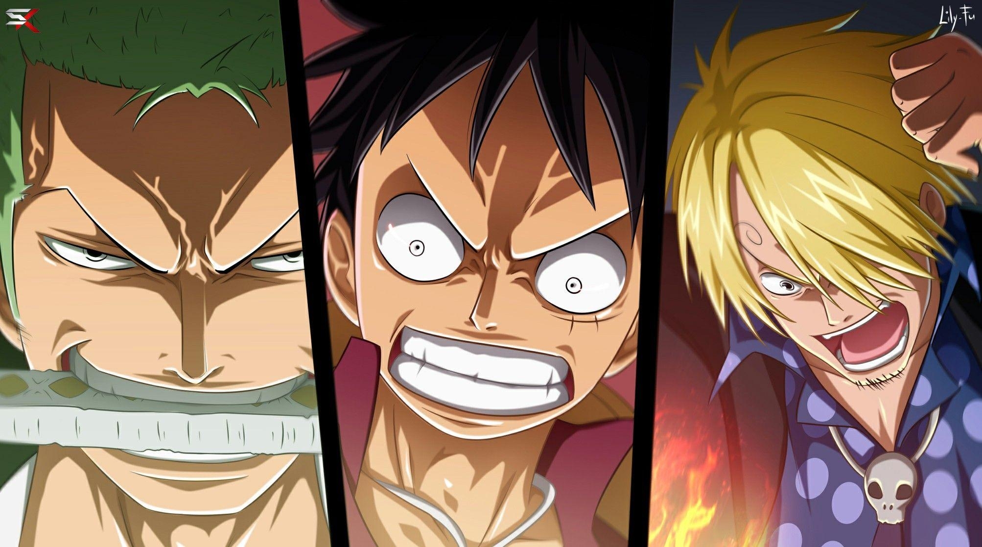 2010x1120 Luffy, Zoro, Sanji, The Monster Trio, angry, cool; One Piece. Kartun, Topi jerami, Bajak laut, Desktop