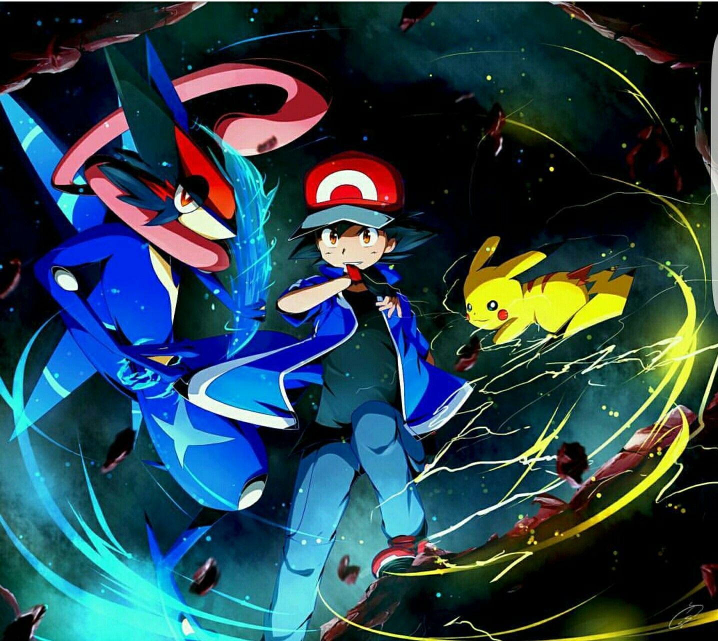 1440x1290 Ash Ketchum, Pikachu, Greninja, cool; Pokémon, Desktop