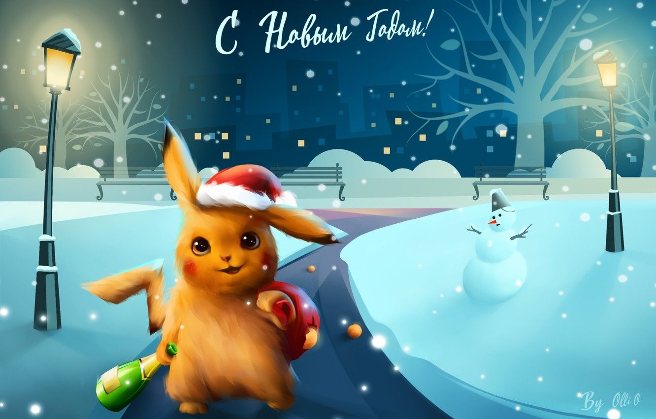 1340x850 Wallpaper Winter, Night, Snow, Christmas, Snowflakes, Background, New year, Holiday, snow, New Year, Illustration, Pikachu, Snowman, Snowman, snow - for desktop, section новый год, Desktop