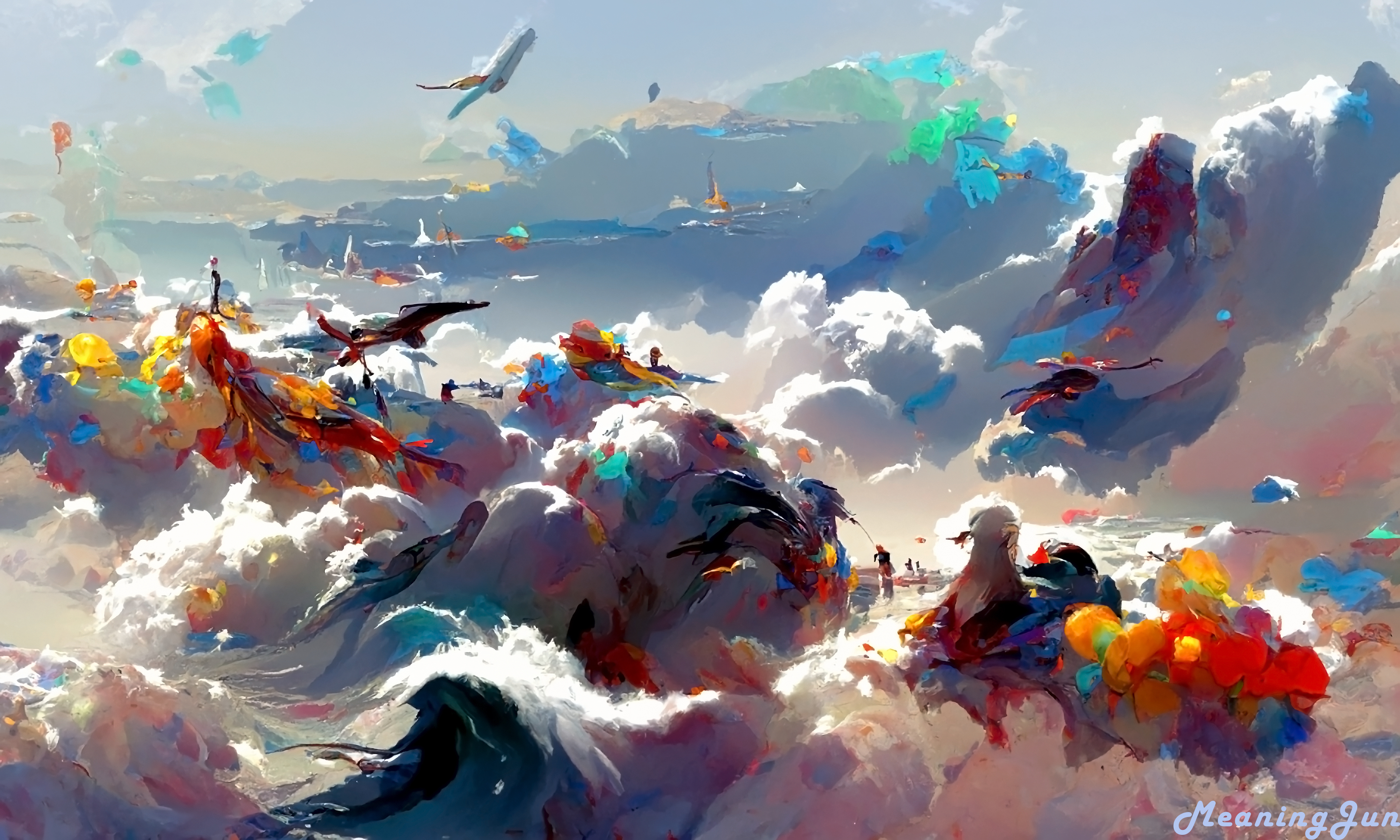 3600x2160 MeaningJun Ai Digital Art Ocean View Seagulls Colorful Wallpaper:, Desktop