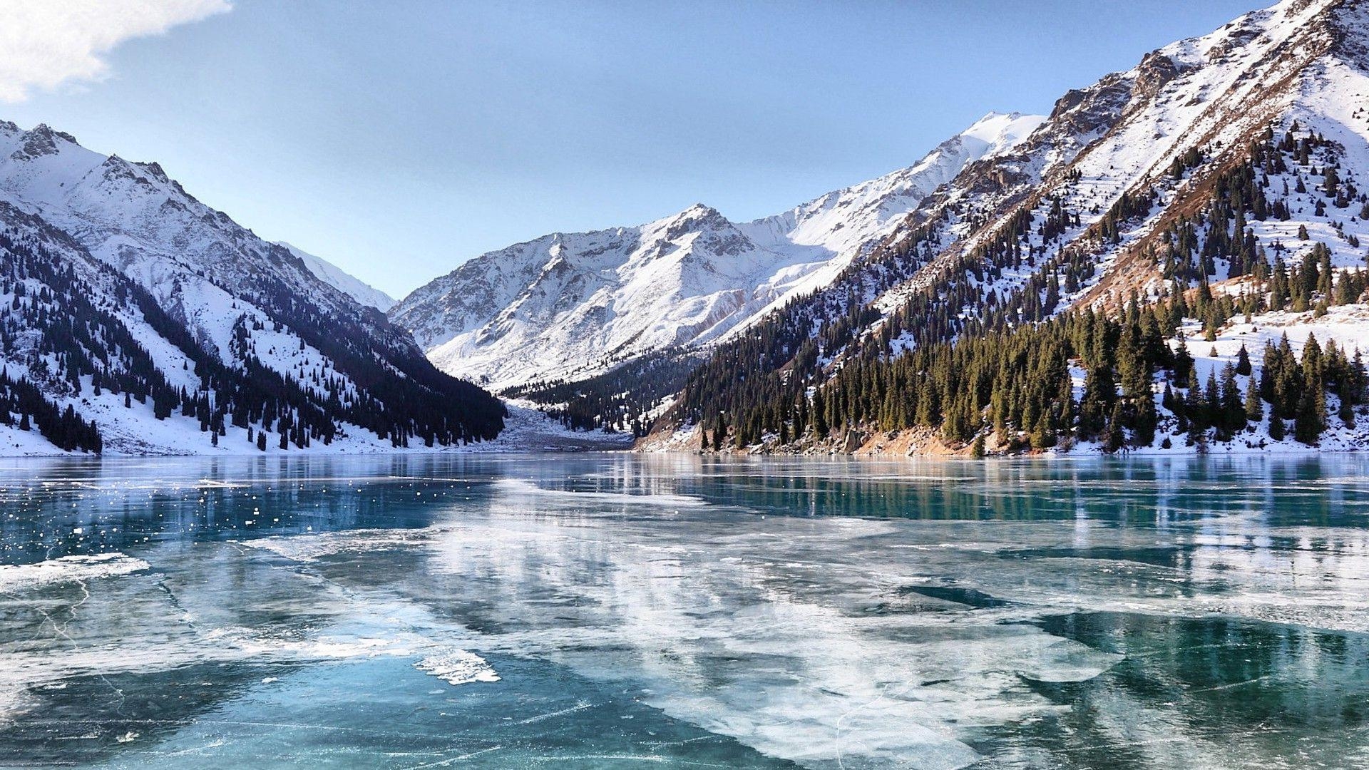 1920x1080 snow, Lake, Frozen Lake, Kazakhstan, Ice, Mountain, Landscape, Desktop