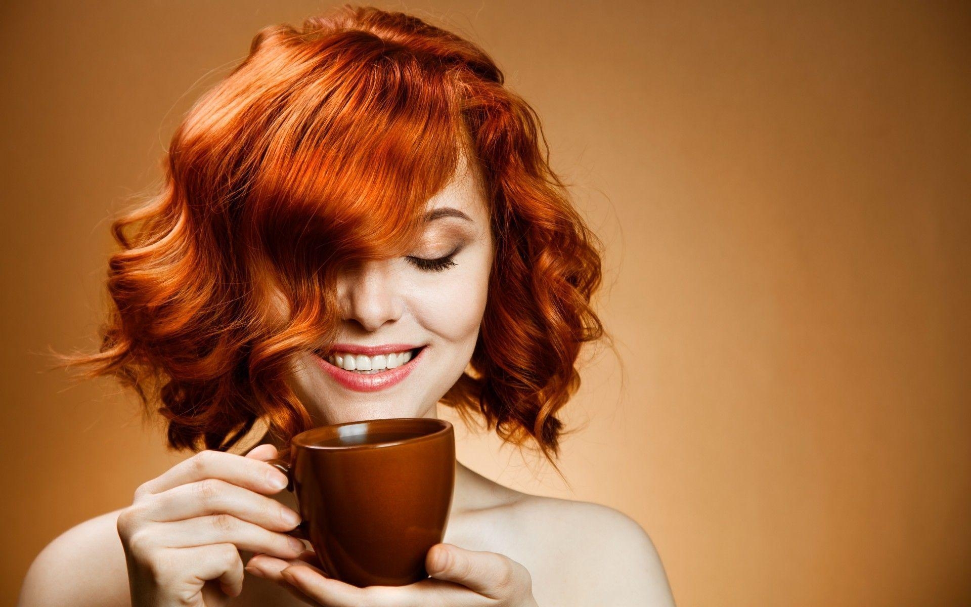 1920x1200 Smile hair coffee cup drink face mood women models females girls, Desktop