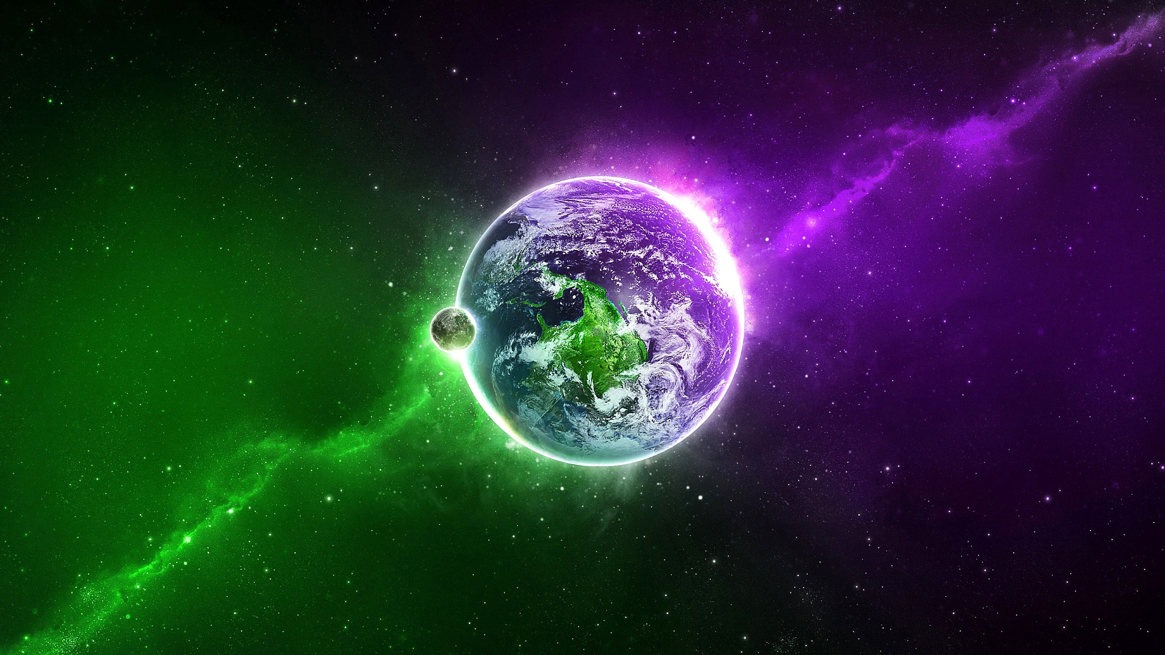 3840x2160 Earth With The Moon In The Green And Purple Space Wallpaper, Desktop