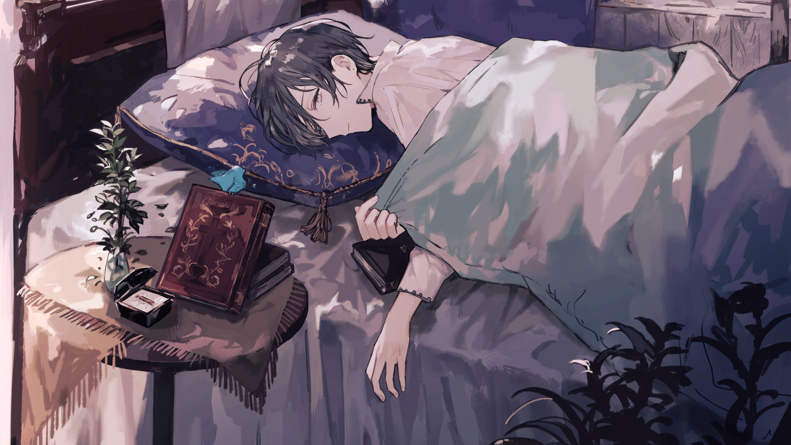 2560x1440 Anime Boy, Sleeping, Books, Shoujo Boy Wallpaper For Laptop, Desktop