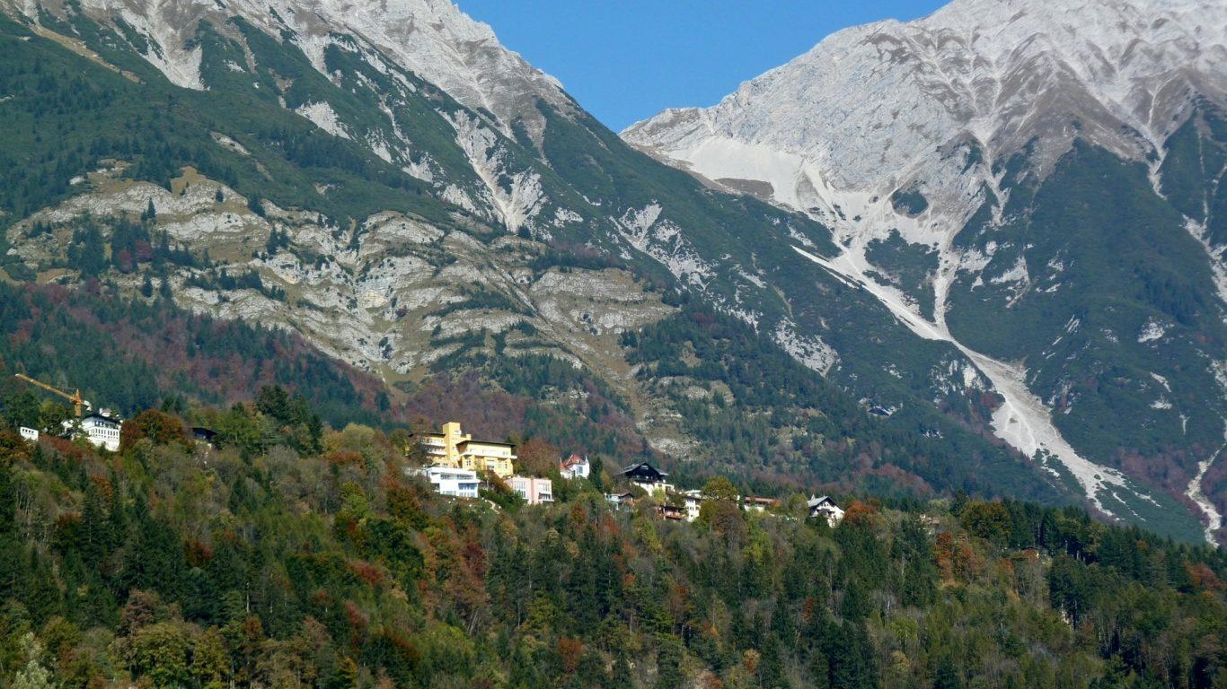 1370x770 Mountains: Houses Mountains Forest Autumn Innsbruck Wallpaper Winter, Desktop