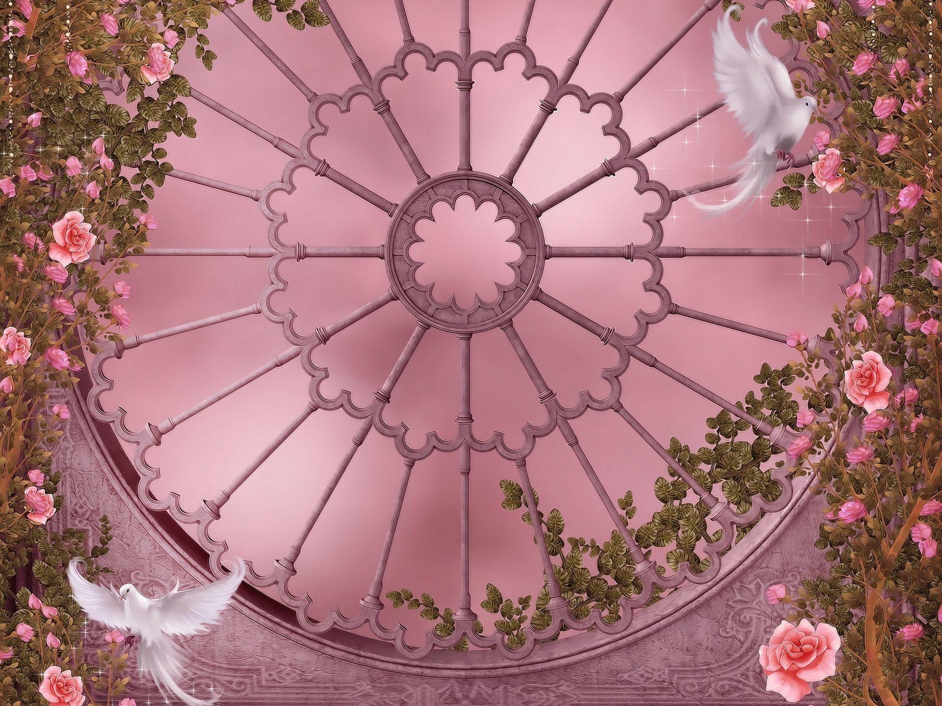 1920x1440 rose garden gothic architecture pigeon dove roses flowers garlands, Desktop