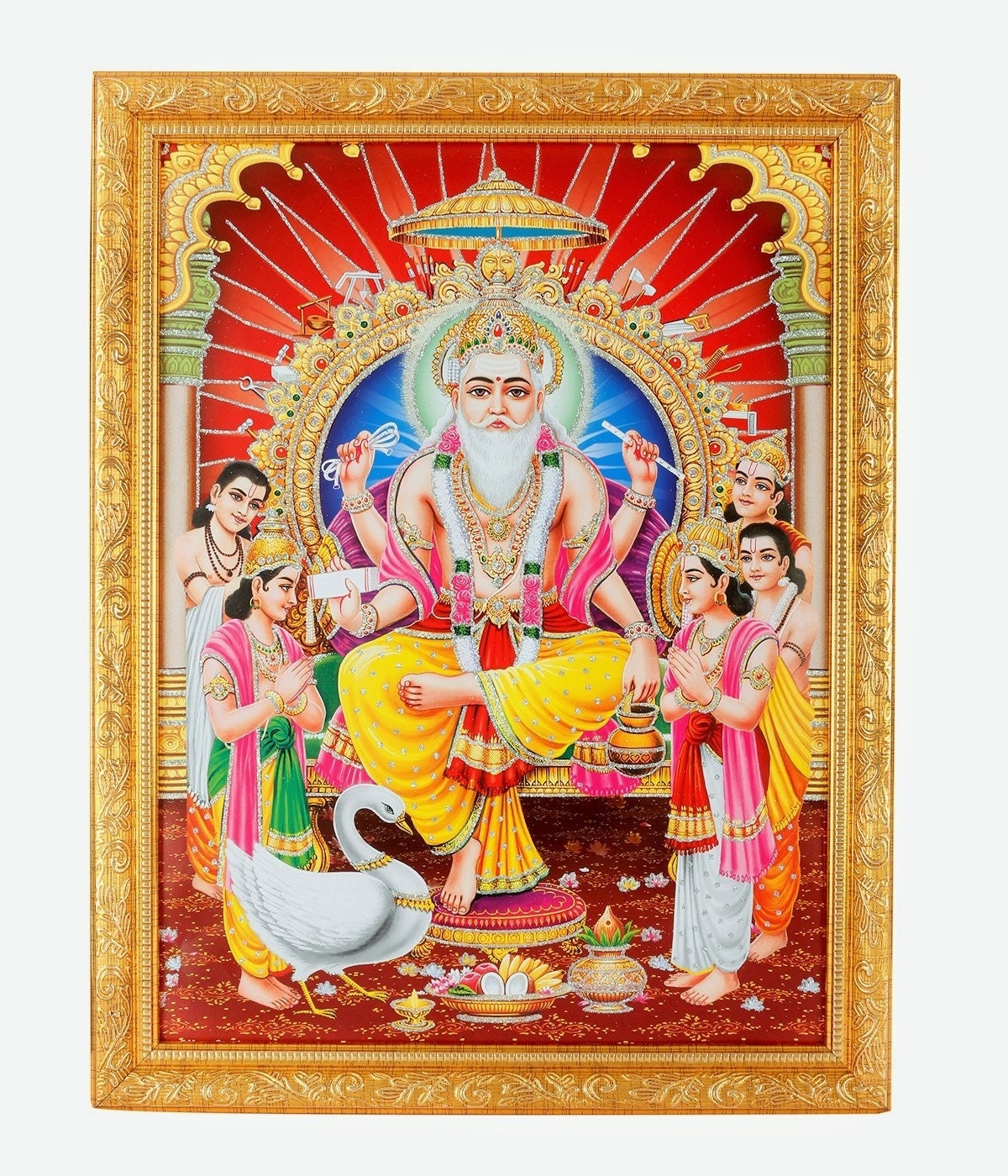 1200x1400 Vishwakarma Elegant Silver Zari Art Work Photo in Golden Frame, Phone