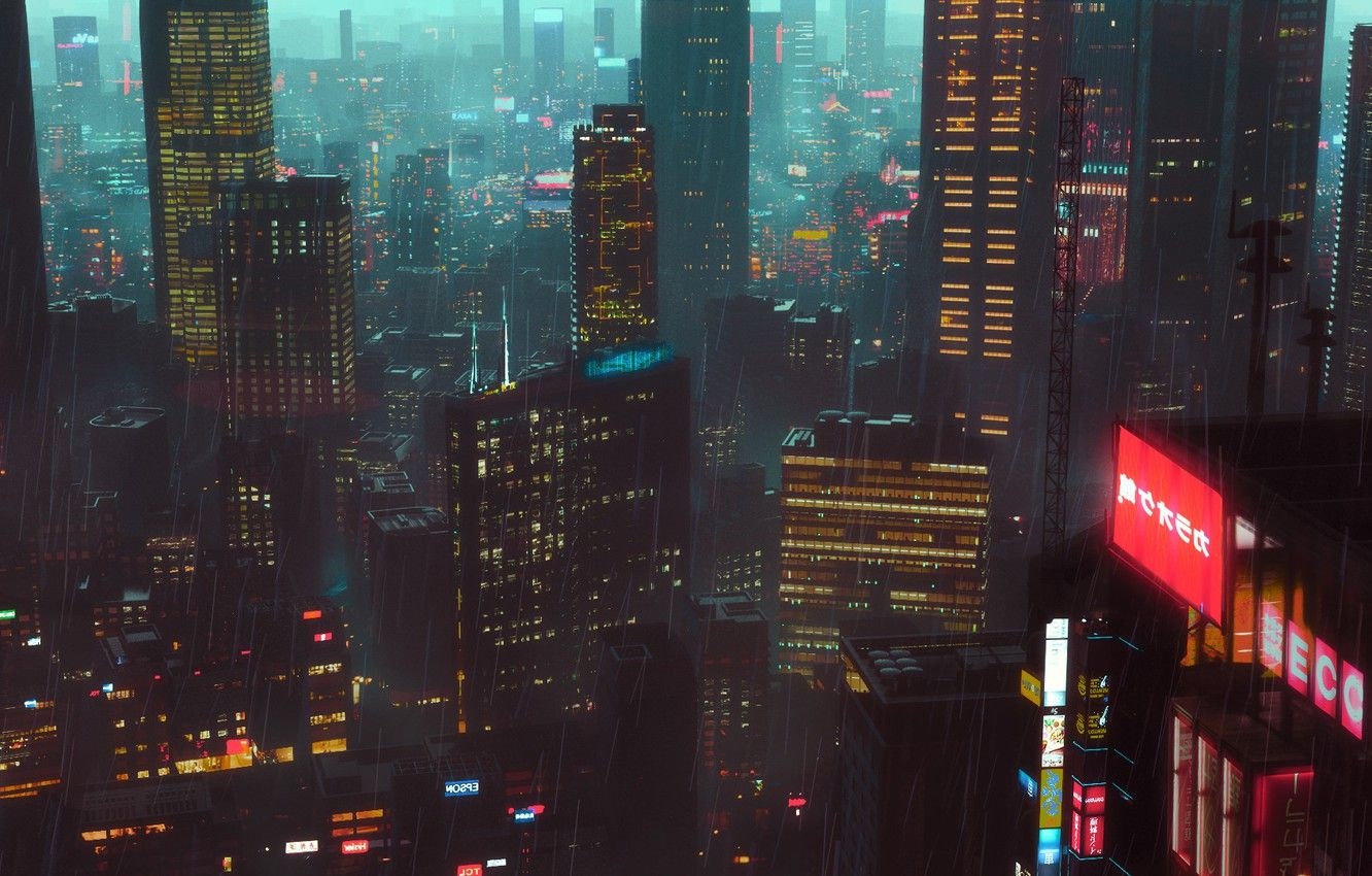 1340x850 Wallpaper Night, The city, Rain, City, Architecture, Night, Rain, Environment, Science Fiction, Cyberpunk, SciFi, Artem Gainullov, Cyberport, by Artem Gainullov image for desktop, section рендеринг, Desktop