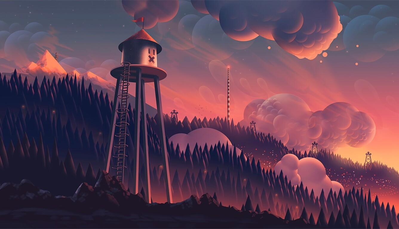 1340x770 Watchtower Clouds Forest Mountain Landscape Digital Art Laptop HD HD 4k Wallpaper, Image, Background, Photo and Picture, Desktop