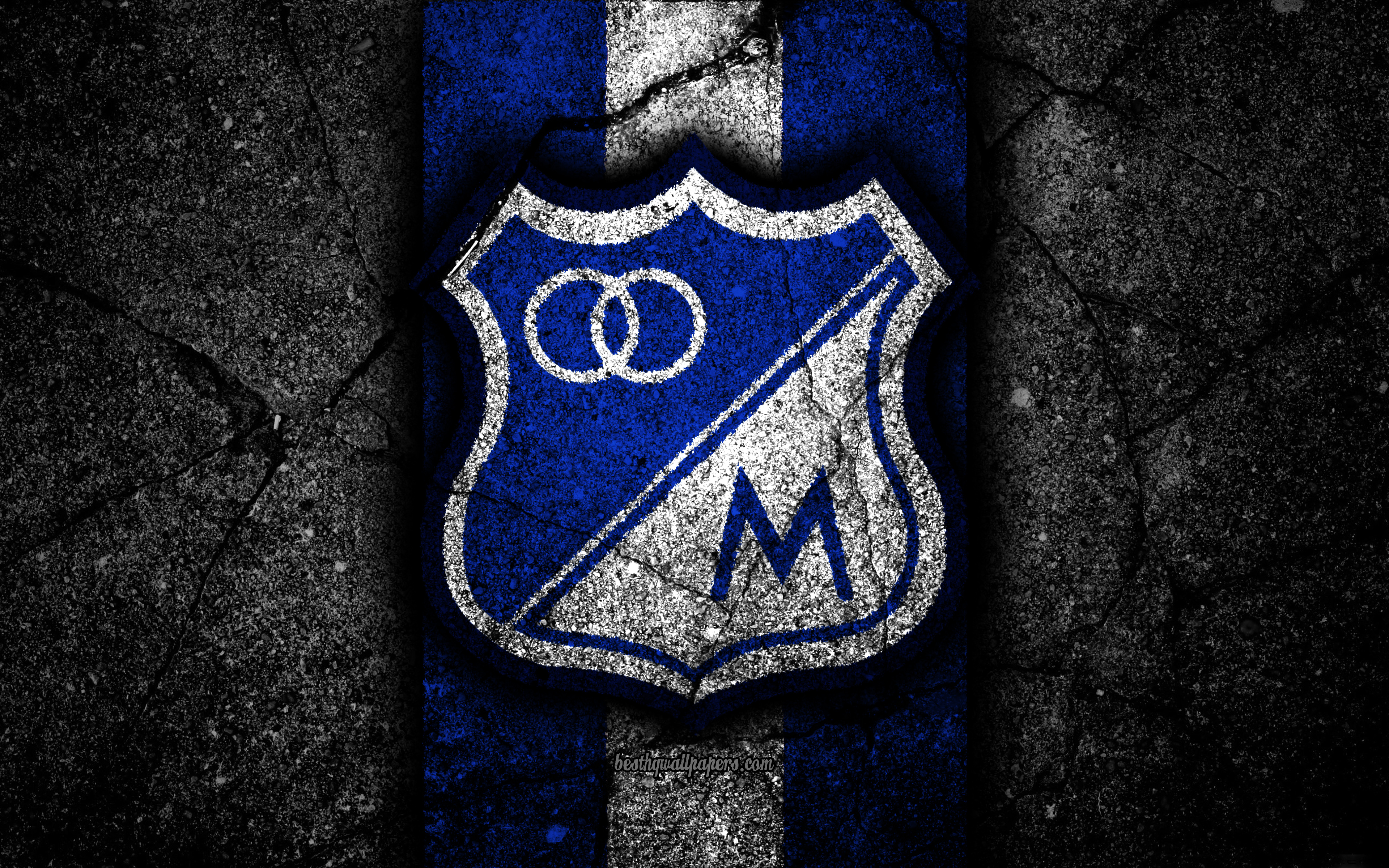 3840x2400 Download wallpaper Millonarios FC, 4k, logo, Colombian football club, black stone, Categoria Primera A, Millonarios, Colombia, football, Liga Aguila, asphalt texture, FC Millonarios for desktop with resolution. High Quality HD picture, Desktop