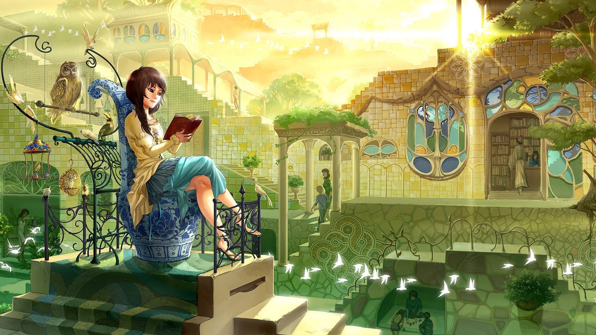 1920x1080 Wallpaper Fairytale Town, Girl, Owl, Warm Sunshine Books HD Wallpaper, Desktop