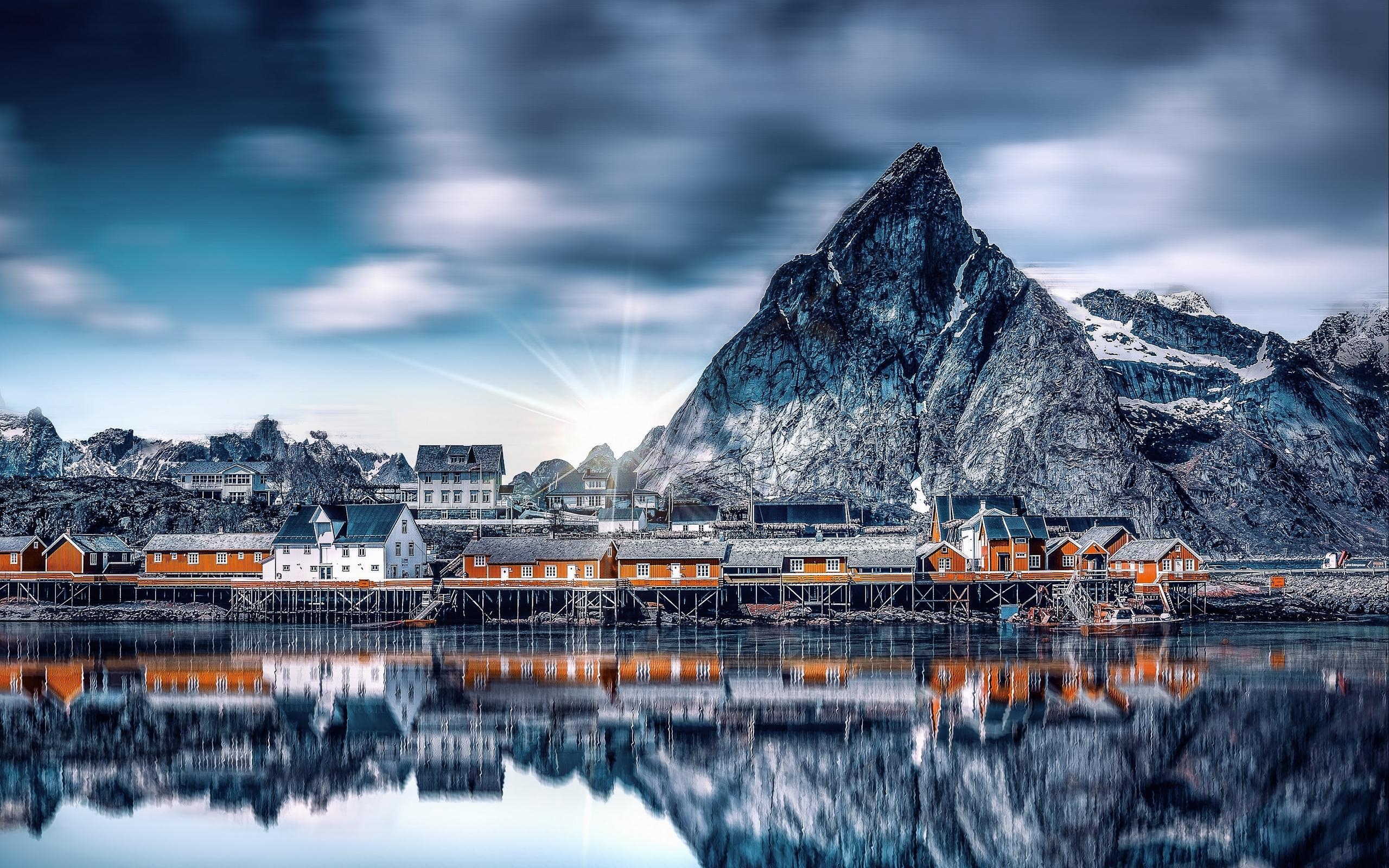 2560x1600 Download wallpaper  mountains, lake, buildings, reflection, Desktop