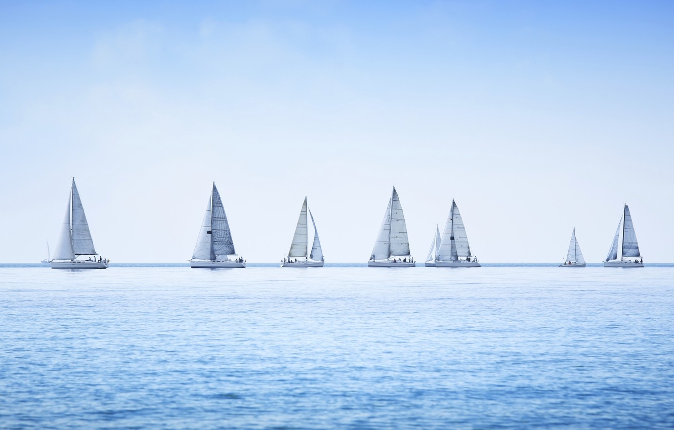 1340x850 Wallpaper water, yacht, sailing, sailboat, group regatta, race on sea, panoramic view image for desktop, section спорт, Desktop