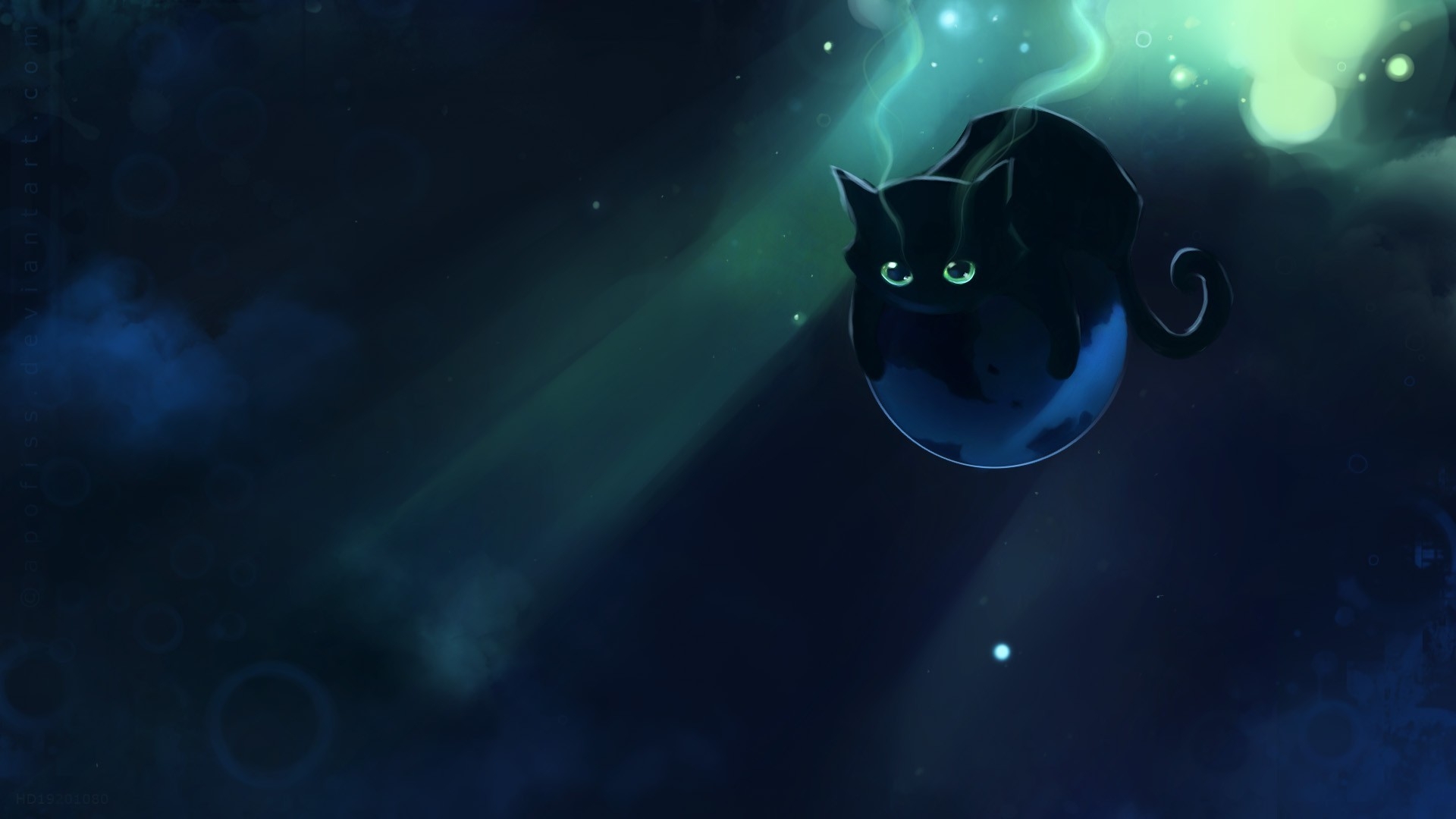 1920x1080 goldfish, artwork, Apofiss, bubbles, black cats, fish, glowing, cat, fantasy art, kittens Gallery HD Wallpaper, Desktop