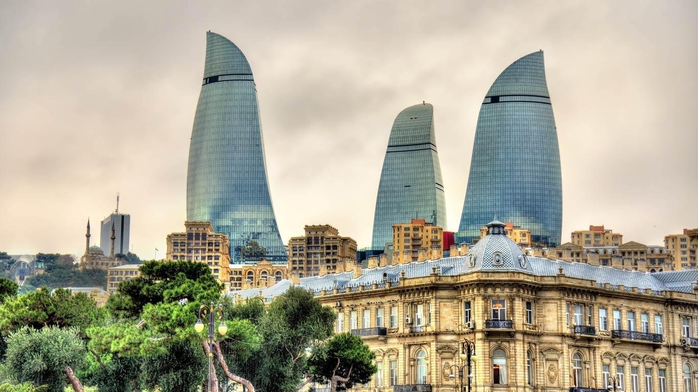 1370x770 Flame Towers and skyline of Baku, Azerbaijan wallpaper, Desktop