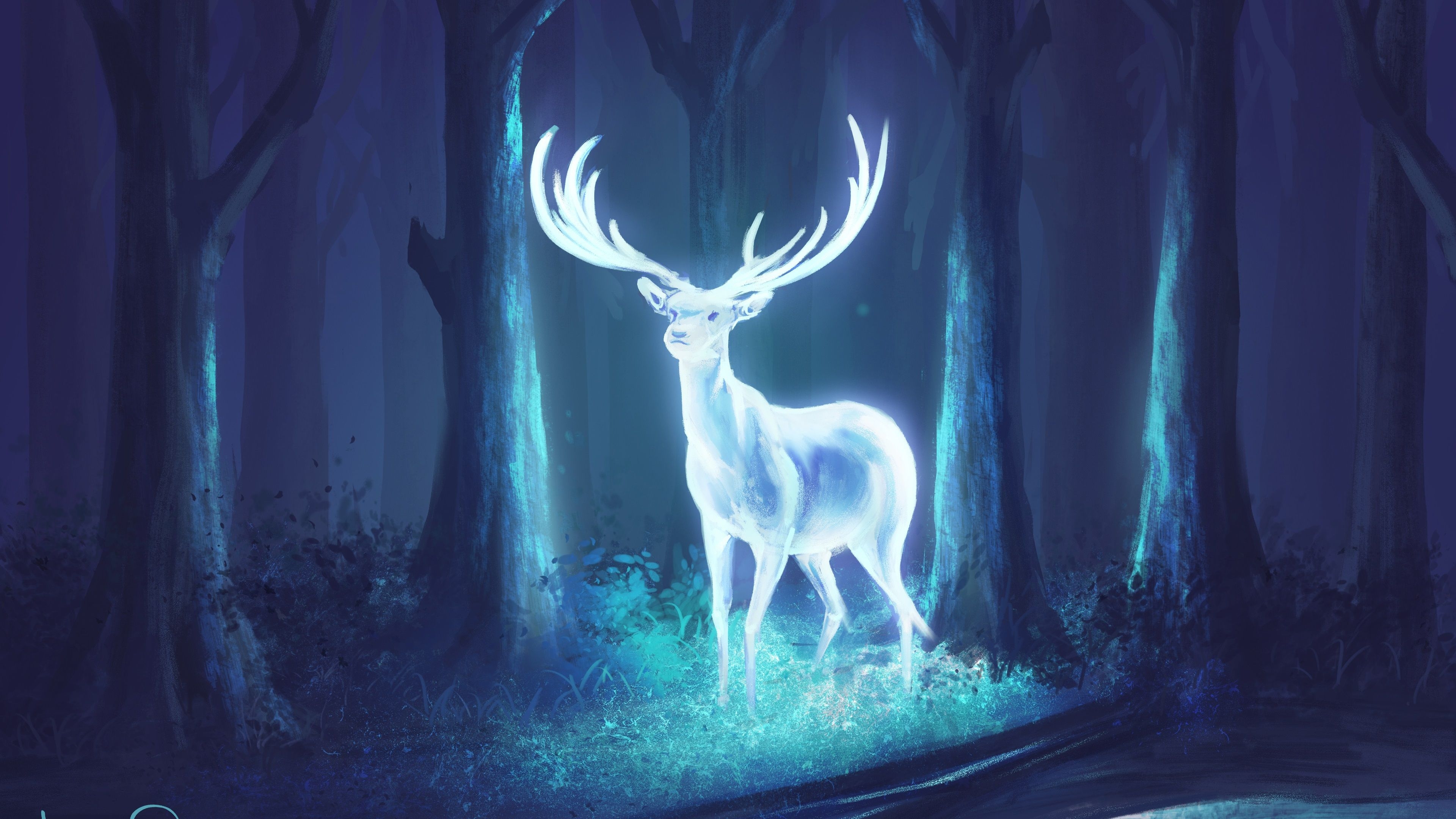 3840x2160 Wallpaper Bright deer in the forest, art drawing  UHD 4K Picture, Image, Desktop