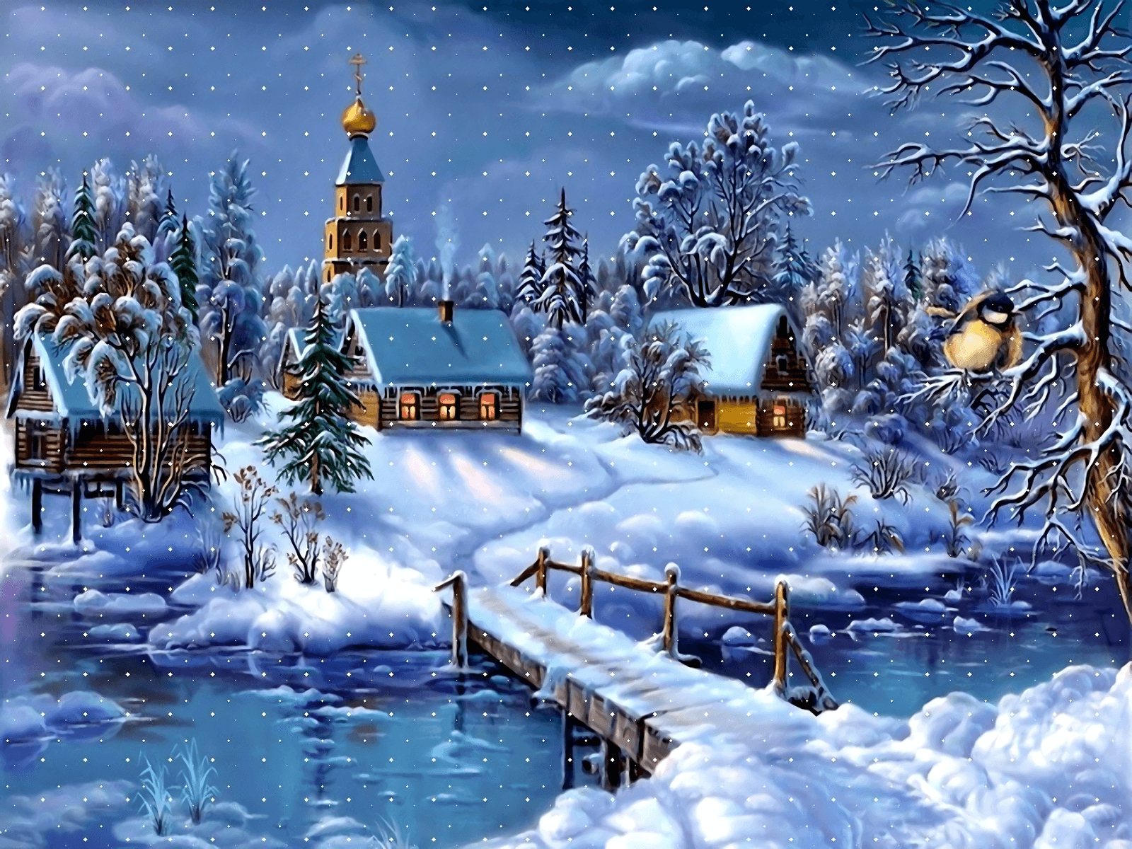 1600x1200 Artistic Winter Artistic Landscape Snow Church House Bridge, Desktop