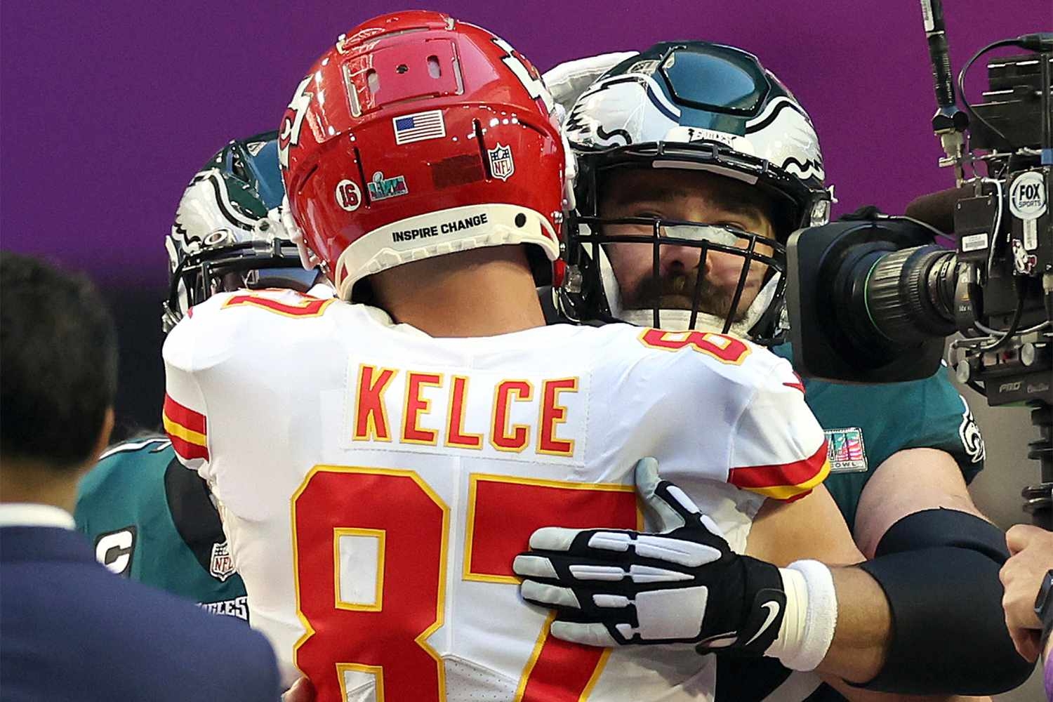 1500x1000 Travis and Jason Kelce Share Hug on the Super Bowl Field, Desktop