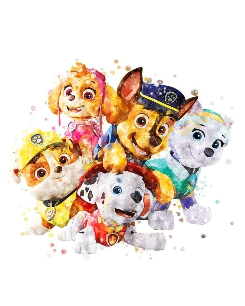 800x1000 Paw Patrol Pups Printable Painting. Chase, Rubble, Skye, Everest, Marshall painting. For kids, PA. Printable posters art, Watercolor disney, Watercolor art prints, Phone