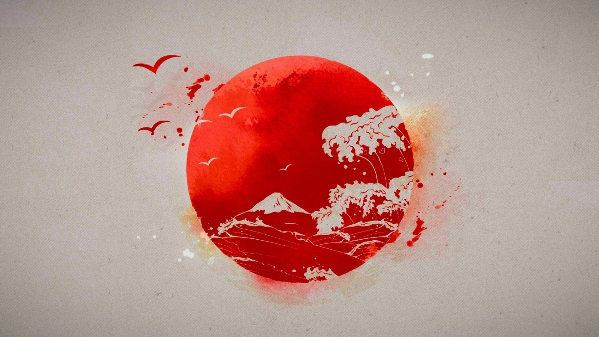 1920x1080 mountain, trees, and sea waves painting, red and white mountain illustration #Japanese #Sun #drawing #abstract P #wallpaper #hdwallpaper #des. Lukisan, Desain, Desktop