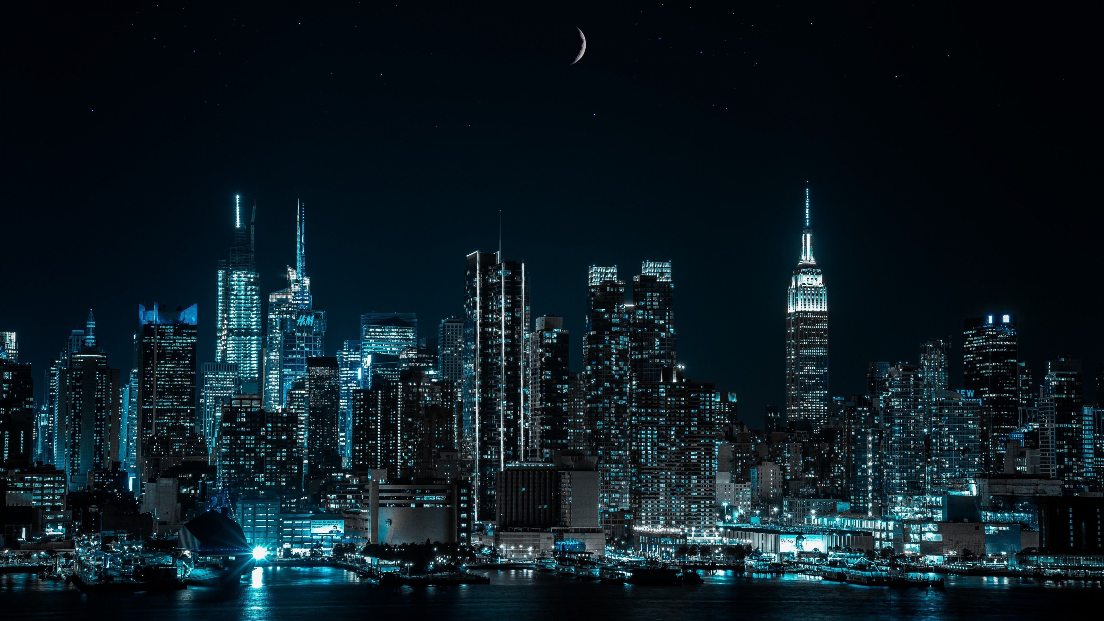 3840x2160 New York City 4K Wallpaper, Cityscape, Night, City lights, Half moon, 5K, World, Desktop