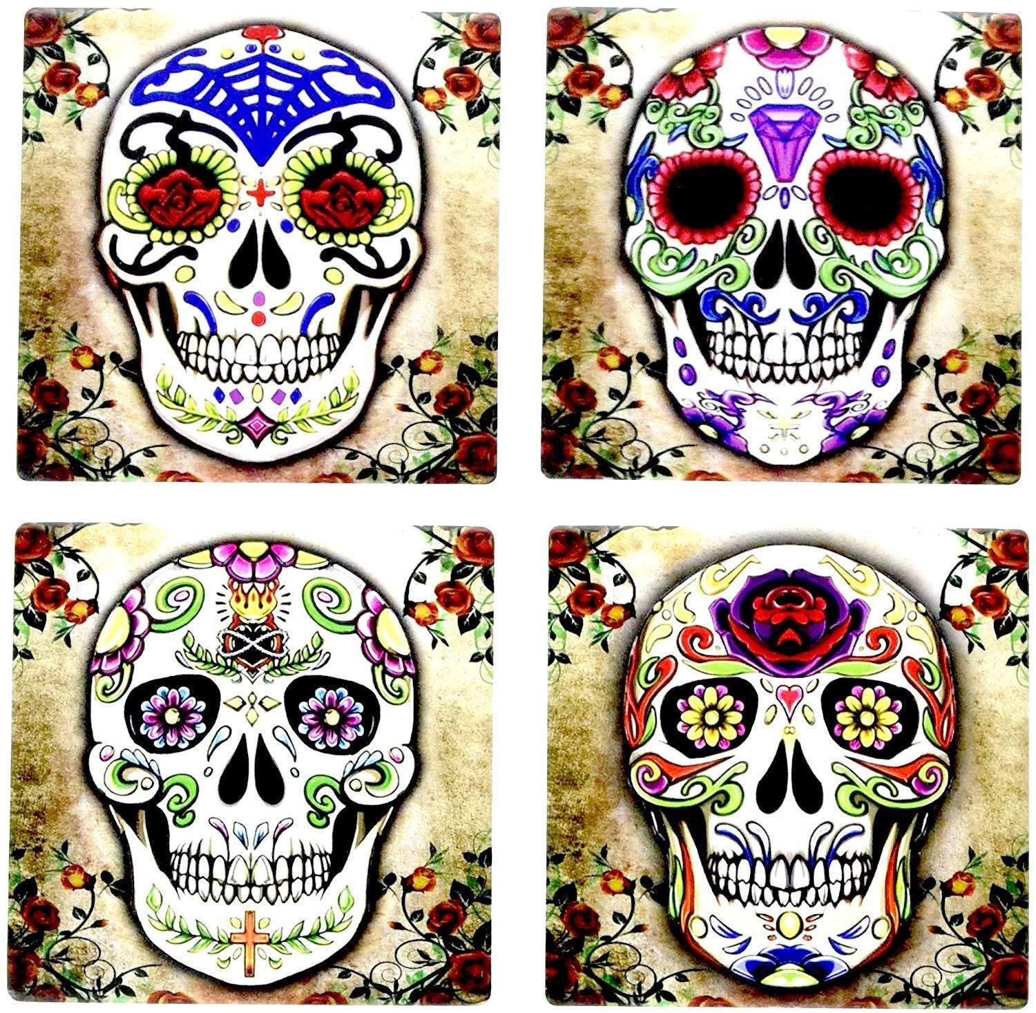 1500x1470 Day of the Dead Dia De Muertos Skull Spirit 4 Inch by 4 Inch Ceramic Tile Coaster of 4, Desktop