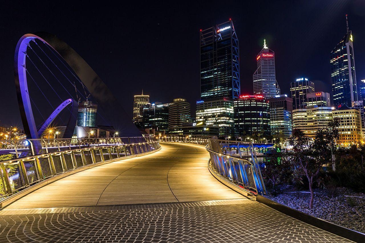 1280x860 Wallpaper Australia Elizabeth Quay Bridge Perth Bridges Fence night, Desktop