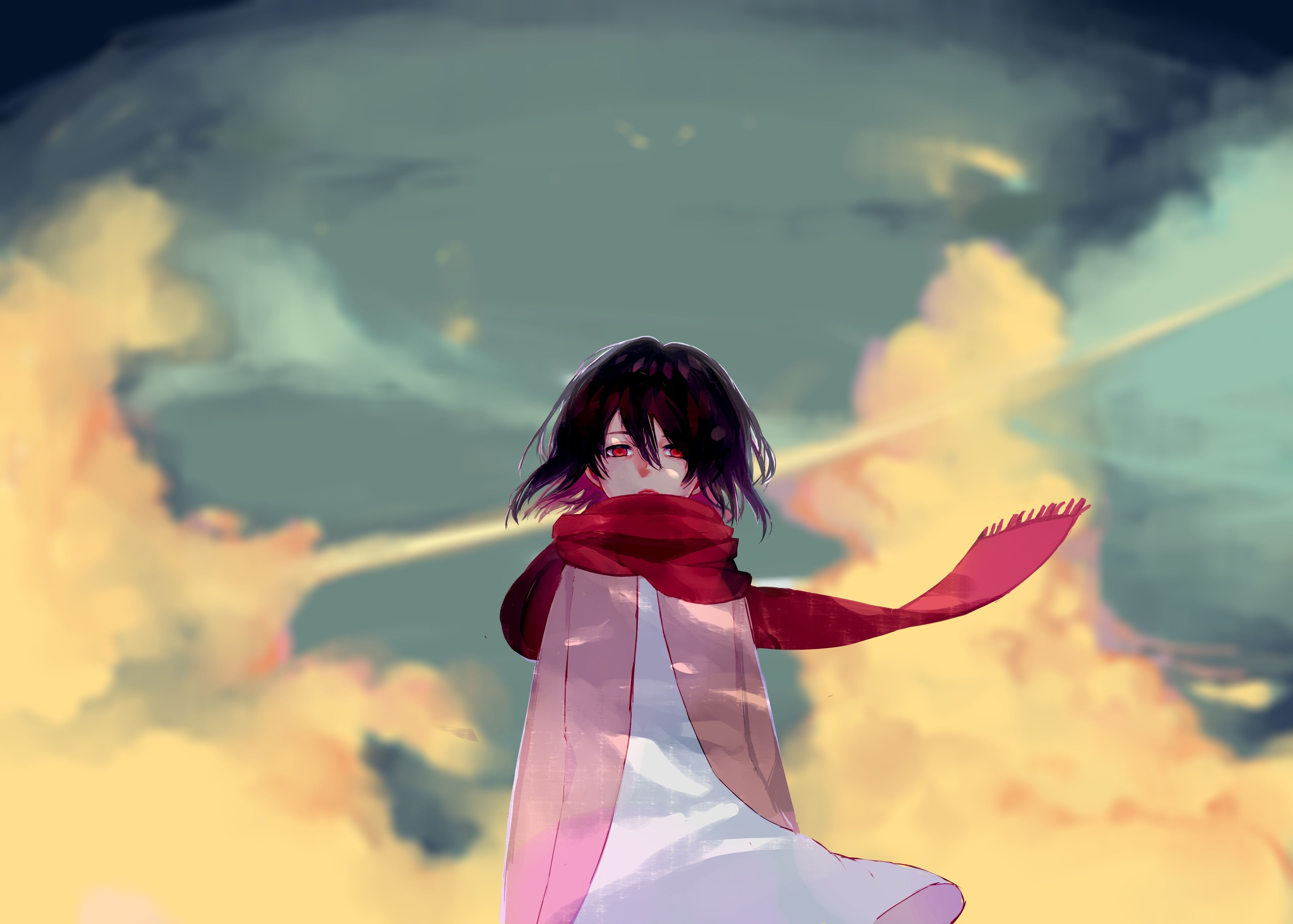 4730x3380 Wallpaper Clouds, Red Scarf, Short Hair, Attack On Titan, Mikasa Ackerman, Shingeki No Kyojin, Desktop