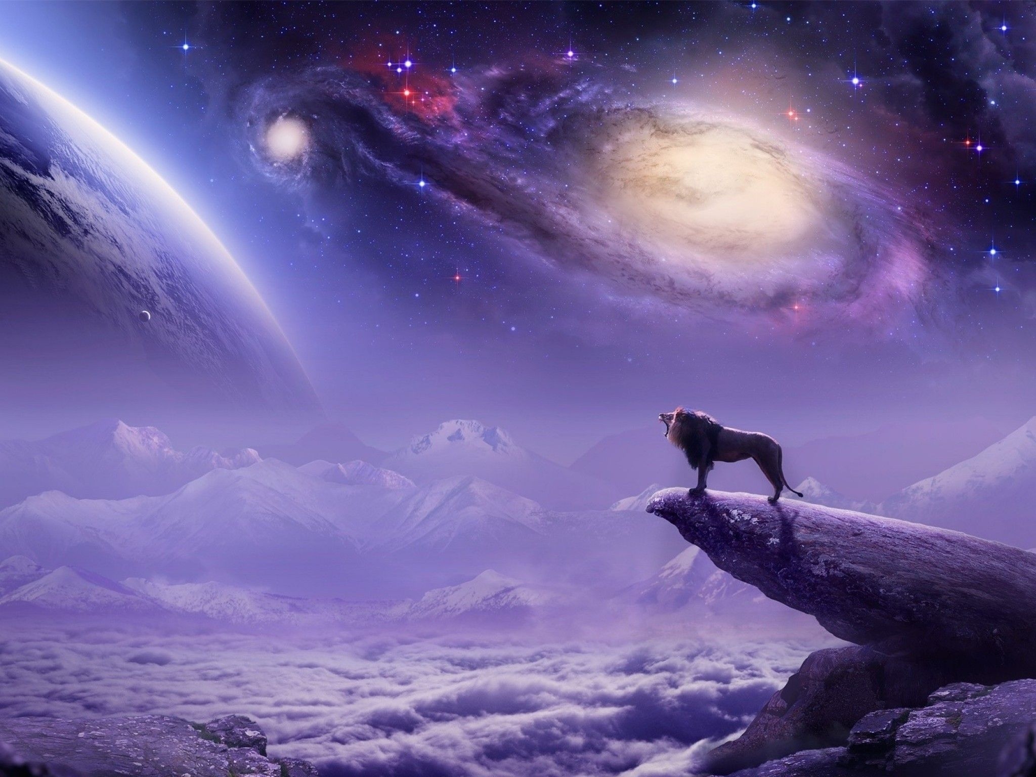 2050x1540 Download  Lion, Galaxy, Planet, Stars, Nebula, Cliff, Artwork Wallpaper for Ainol Novo 9 Spark, Desktop