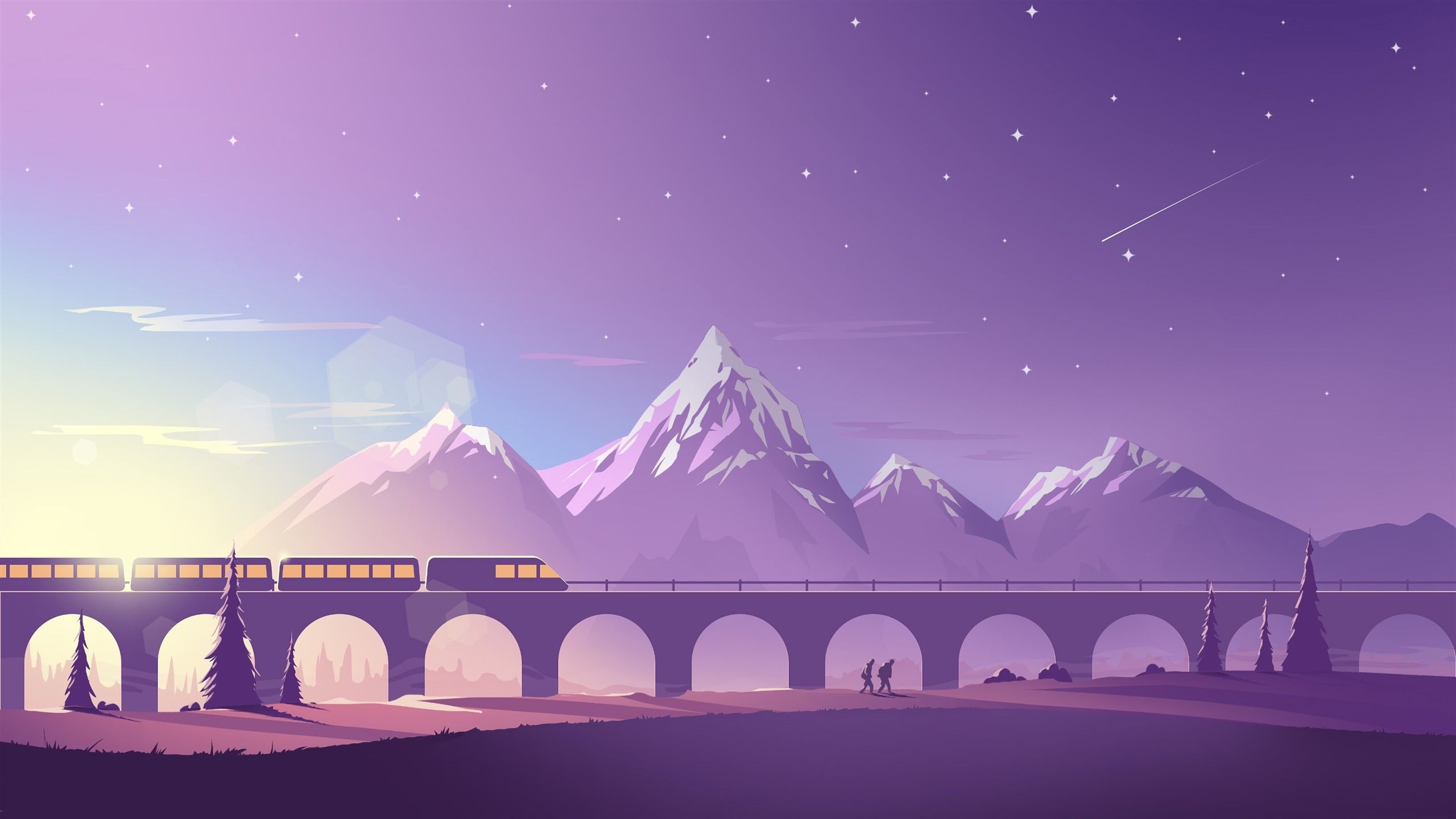 2560x1440 Wallpaper Bridge, train, mountains, vector art picture 3840x2160 UHD 4K Picture, Image, Desktop