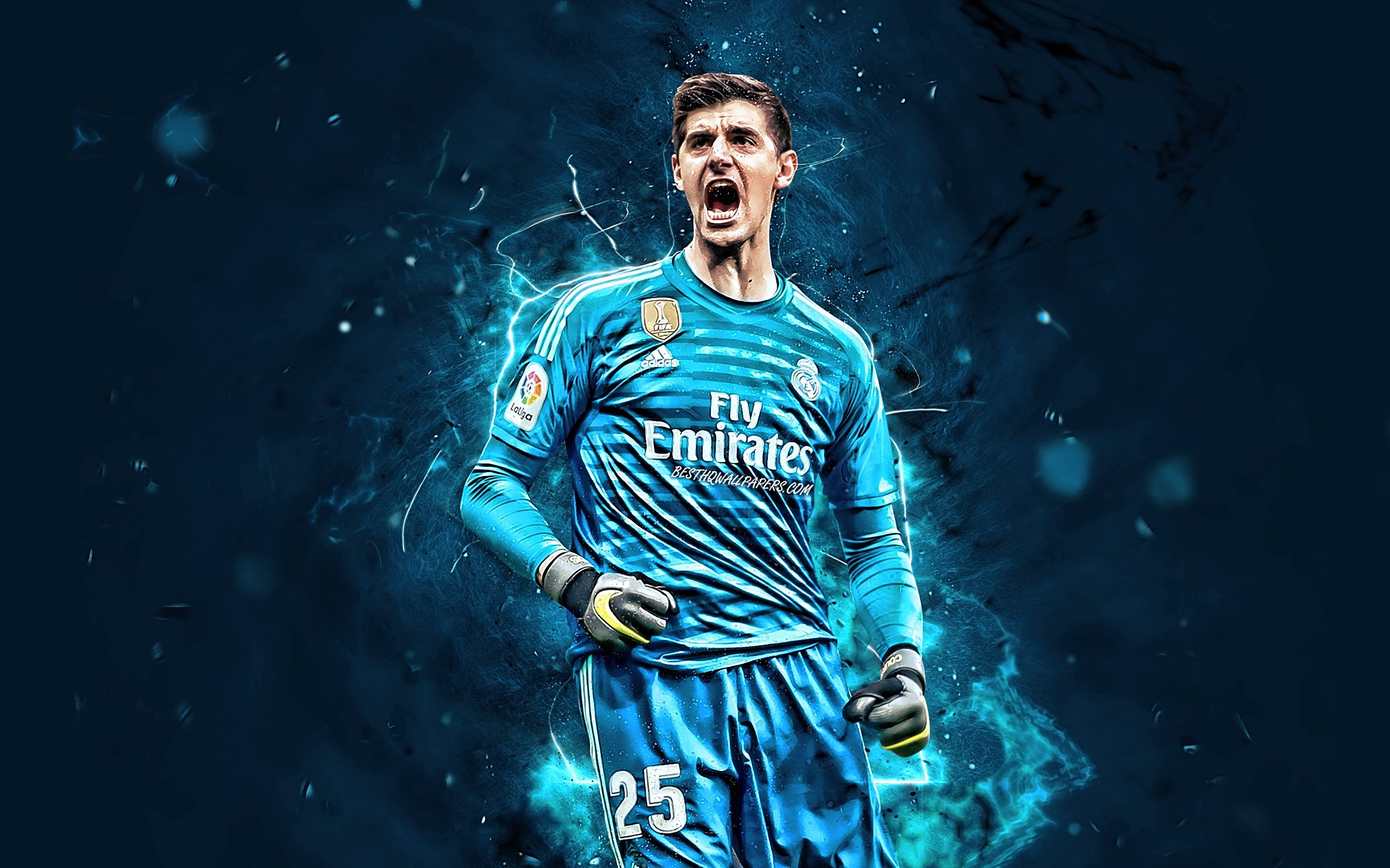 2880x1800 Download wallpaper Thibaut Courtois, joy, Belgian footballers, Real Madrid CF, goalkeeper, soccer, goal, fan art, Thibaut Nicolas Marc Courtois, La Liga, football stars, neon lights, Spain for desktop with resolution. High, Desktop