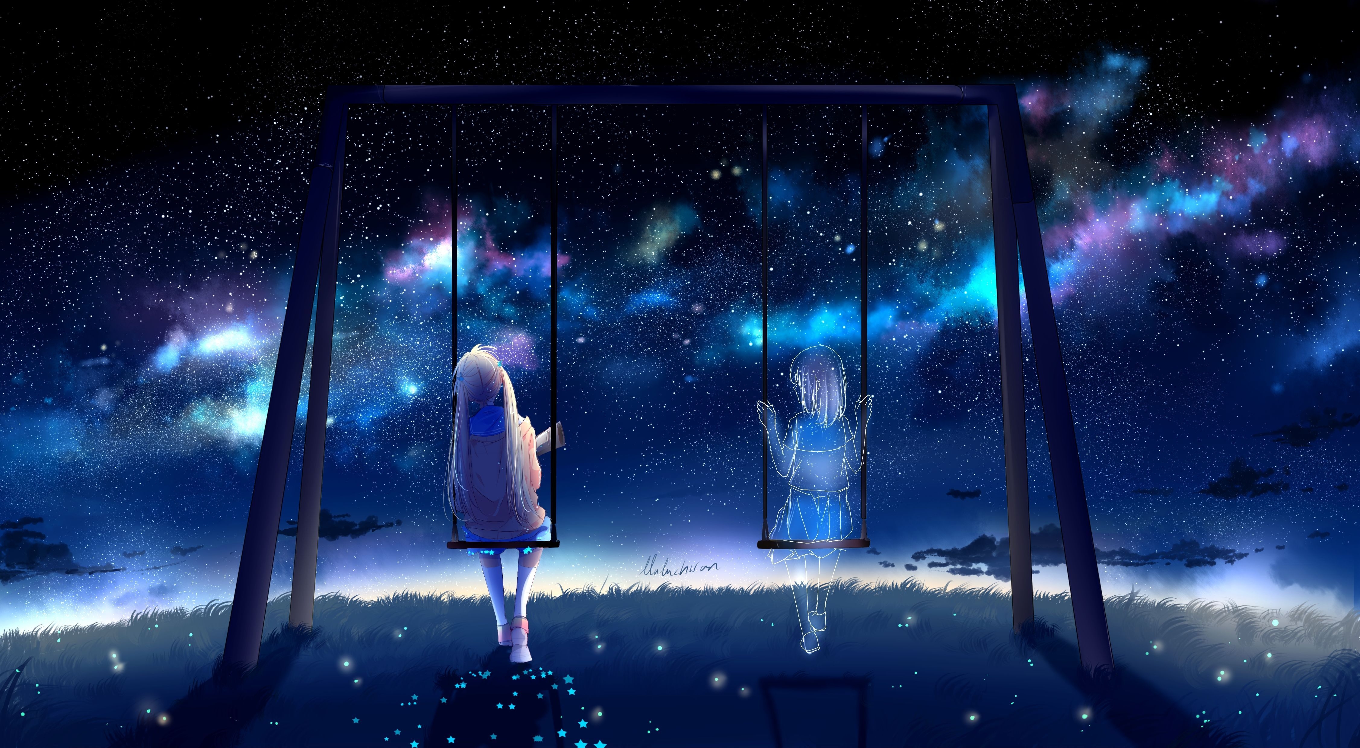 4510x2480 Anime Girls Swing Friends Stars Lonely Sky Anime. สาวอนิเมะ, พื้น, Desktop