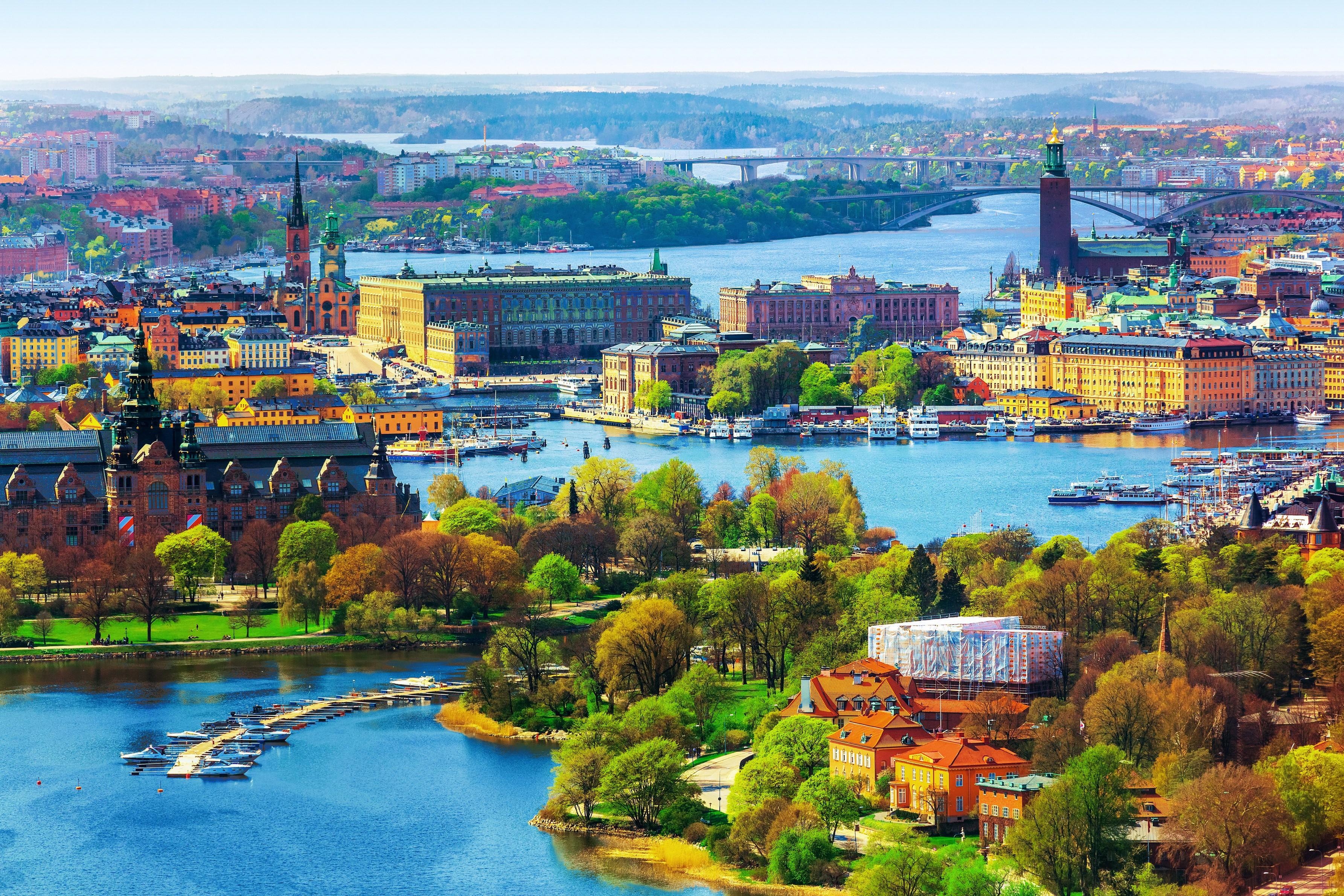 3570x2380 Winter, river, boats, snow, houses, Uppsala, Sweden wallpaper, Desktop