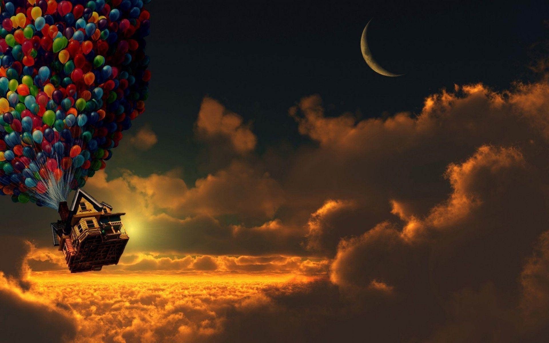 1920x1200 Up (movie), Sunset, Balloons, House, Moon, Crescent Moon, Clouds, Desktop