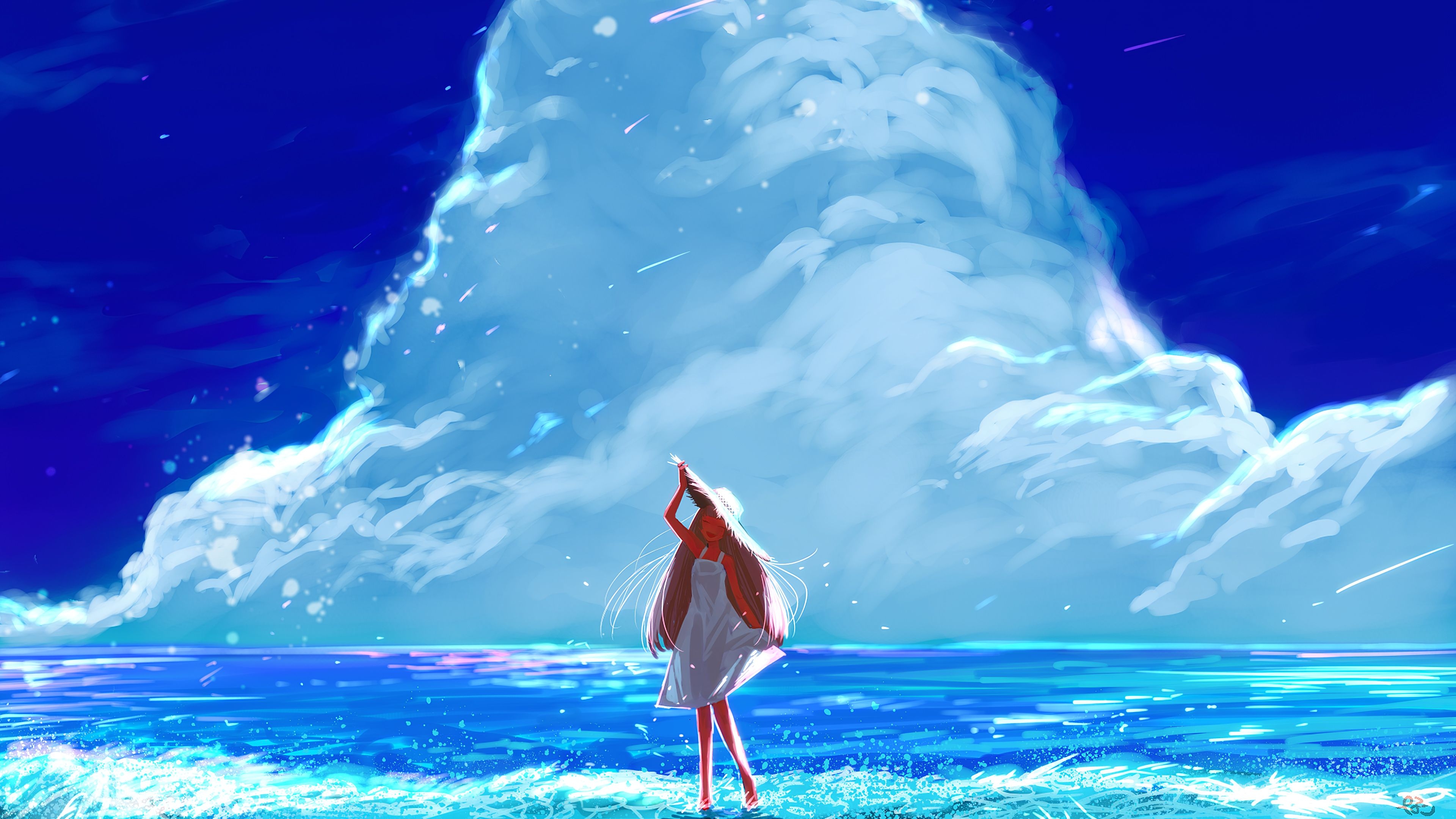 3840x2160 Anime Girl Beach Happy Long Hair Clouds 4k, HD Anime, 4k, Desktop